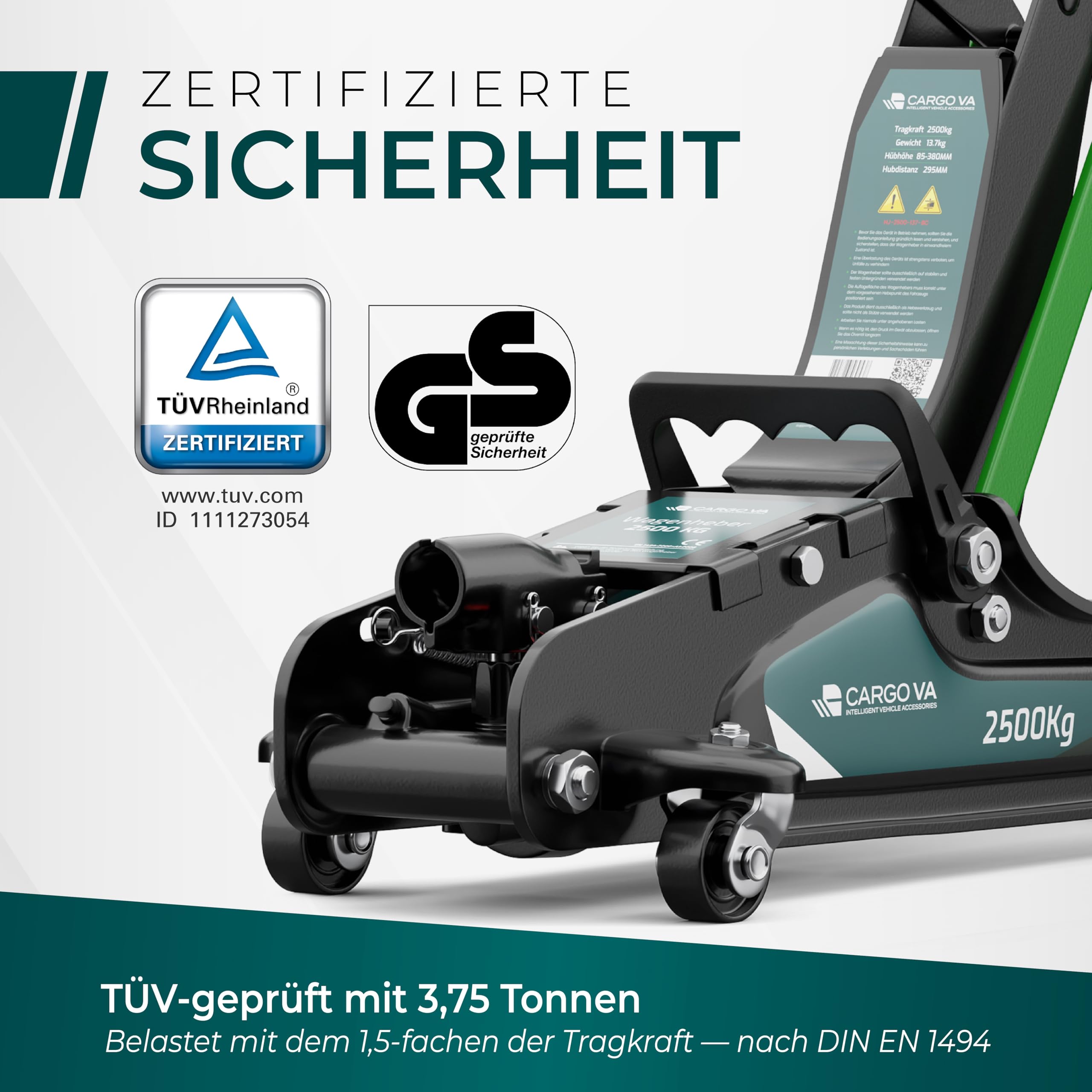 Wagenheber hydraulisch 2,5T – TÜV – 85-380mm Hub – flach für tiefergelegte Autos – Rangierwagenheber inkl. Gummiauflagen [Koffer]