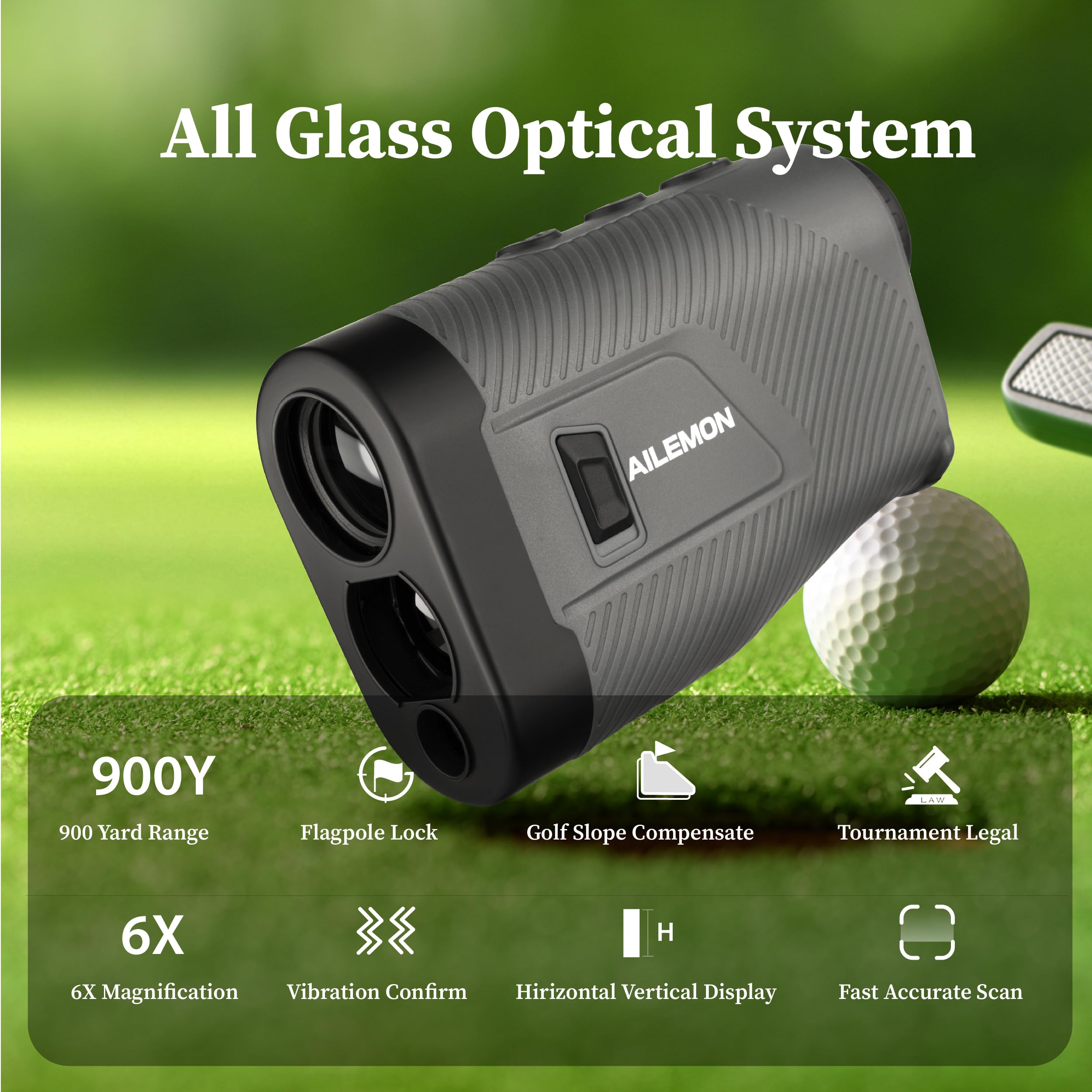 AILEMON 900 Yards Entfernungsmesser Golf Entfernungsmesser mit Neigungsschalter, 6-fache Vergrößerung, Laser-Entfernungsmesser, Schwarz/Grau