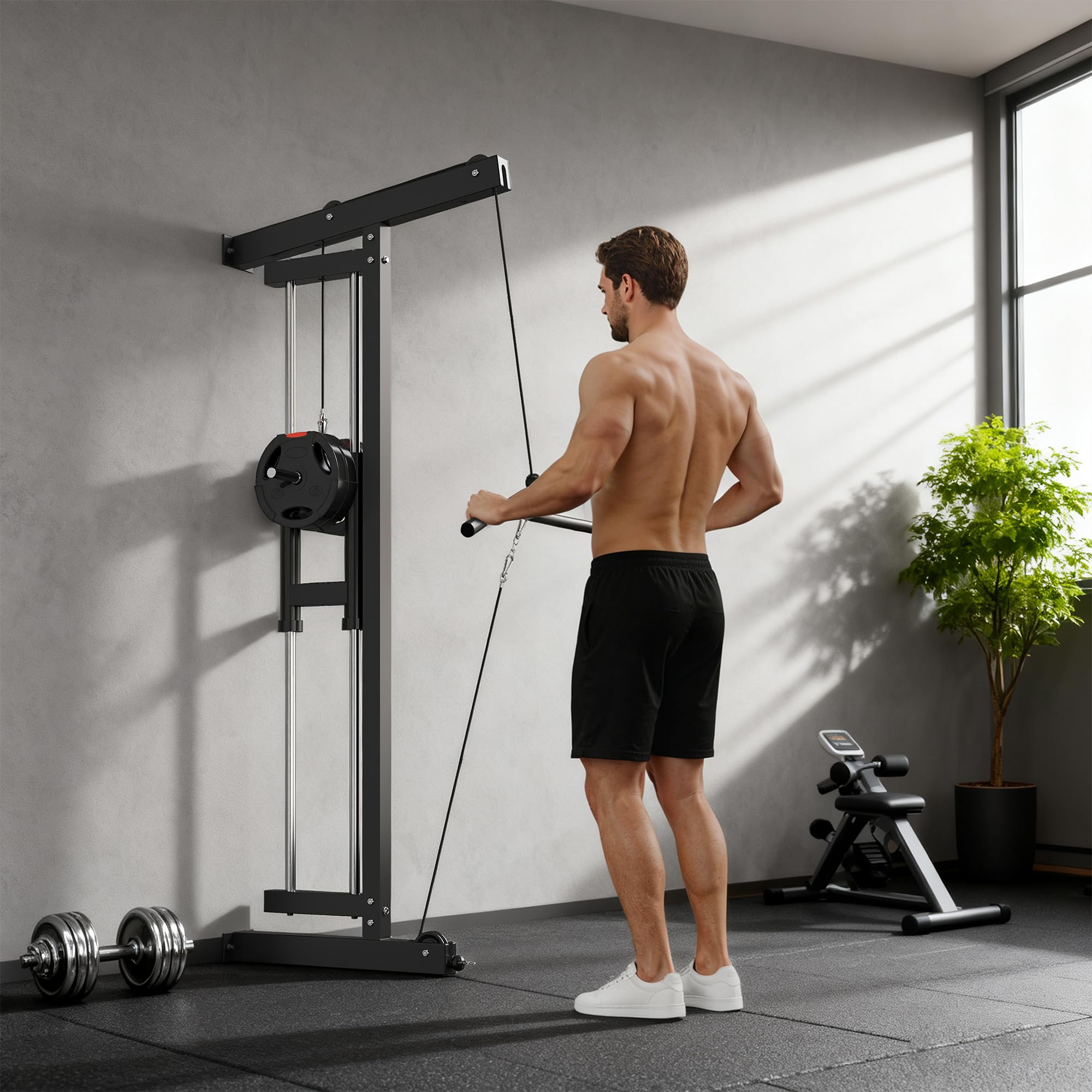 SPORTNOW Appareil de musculation mural, station de traction, station de musculation multifonction, poulie haute et basse, 2 poulies, barre de traction entraînement domicile, fitness, gym, maison, noir
