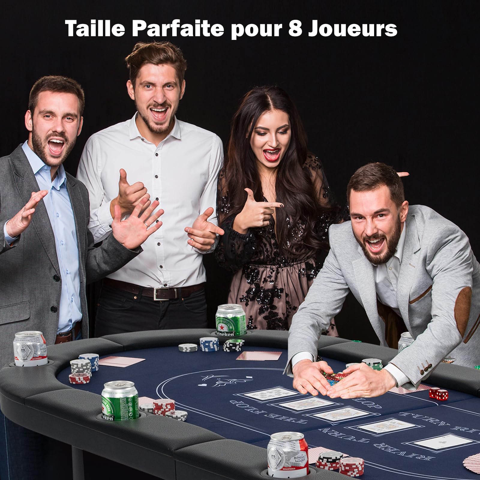 GOPLUS Table de Poker Pliable 8 Joueurs, Table de Jeu de Société 182 cm, 8 Porte-gobelets en Métal, Rampes Rembourrées, Table de Blackjack Texas Hold'em, pour Soirée en Famille (Bleu)