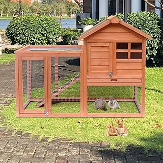 Indoor Rabbit Hutch 48''L, Wooden Outdoor Rabbit Hutches Bunny Cage Guinea Pig Hutch Small Chicken Coop, Bunny Hutch with Run, No Leak Trays, Sliding Bolts & Anti-VU Waterproof Roof
