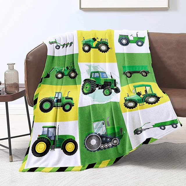 Cartoon Tractor Truck Blanket, 125x150cm Super Soft Flannel Vehicles Tractor Blankets for Teen Boys, Farm Excavator Plush Throw Blankets for All Season Couch Sofa Bed, Green Yellow
