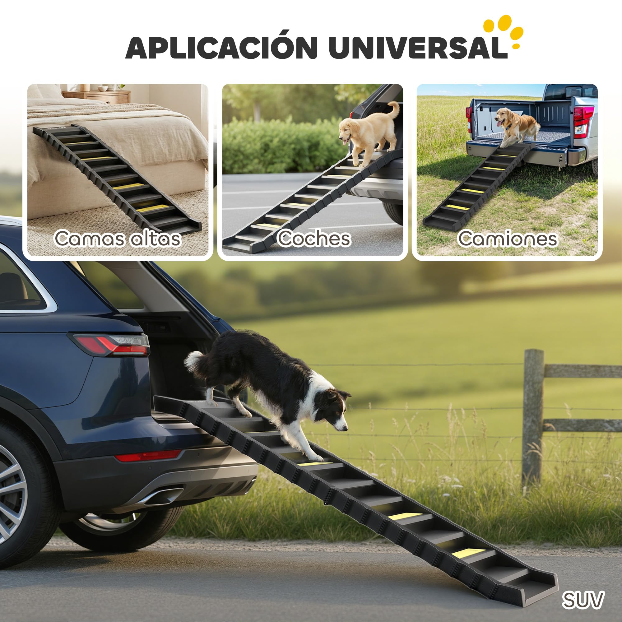 PawHut Rampa para Perros Plegable, 154 cm, Rampa para Perros para Coche y Cama Alta con 10 Escalones Antideslizantes, Ligera y Resistente, Carga 68 kg, para Sofá, Negro