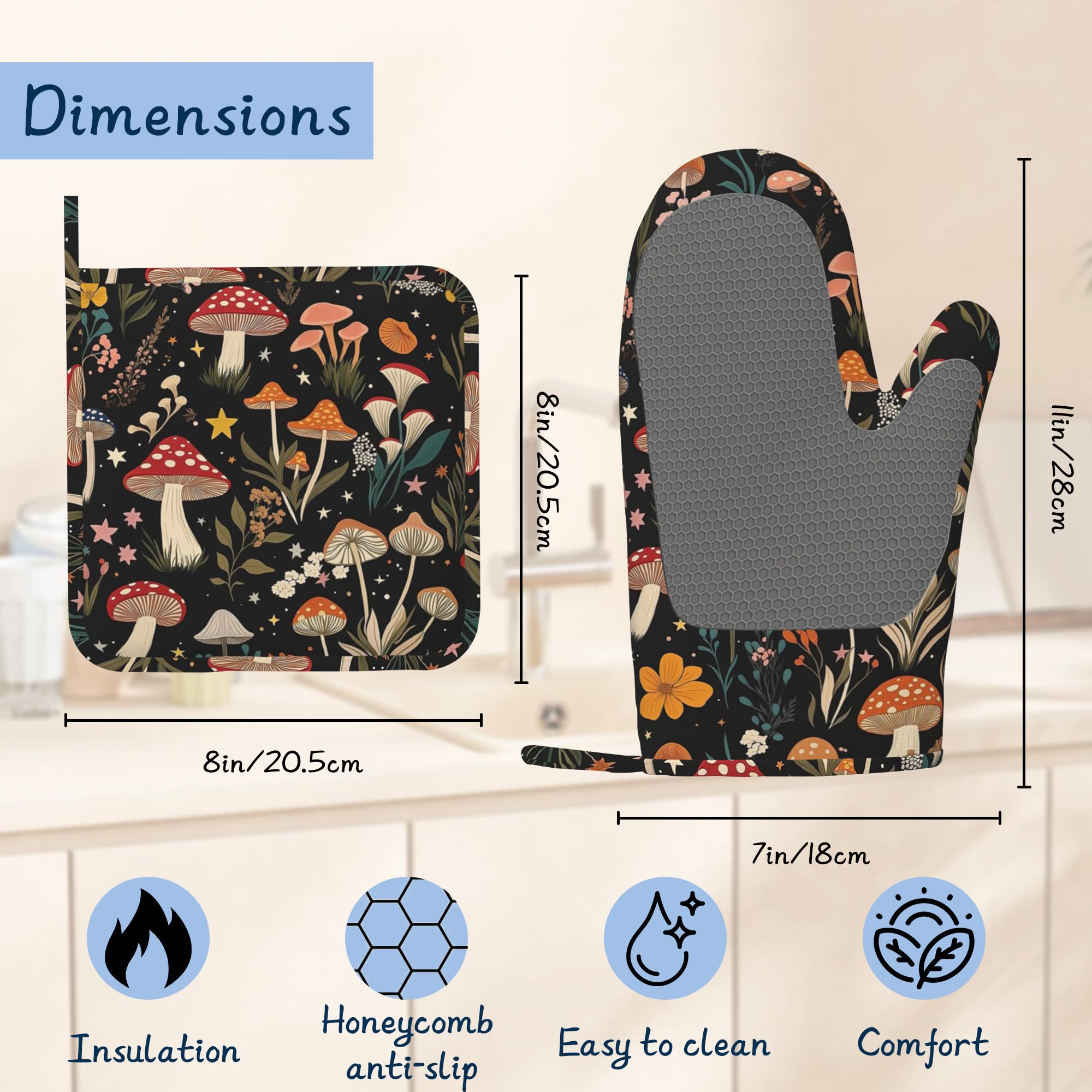 Juego de manoplas de cocina, juego de guantes de horno y soportes para ollas, de algodón grueso, resistente al calor, rústico, floral, soporte para sartén caliente, guantes de cocina extralargos para
