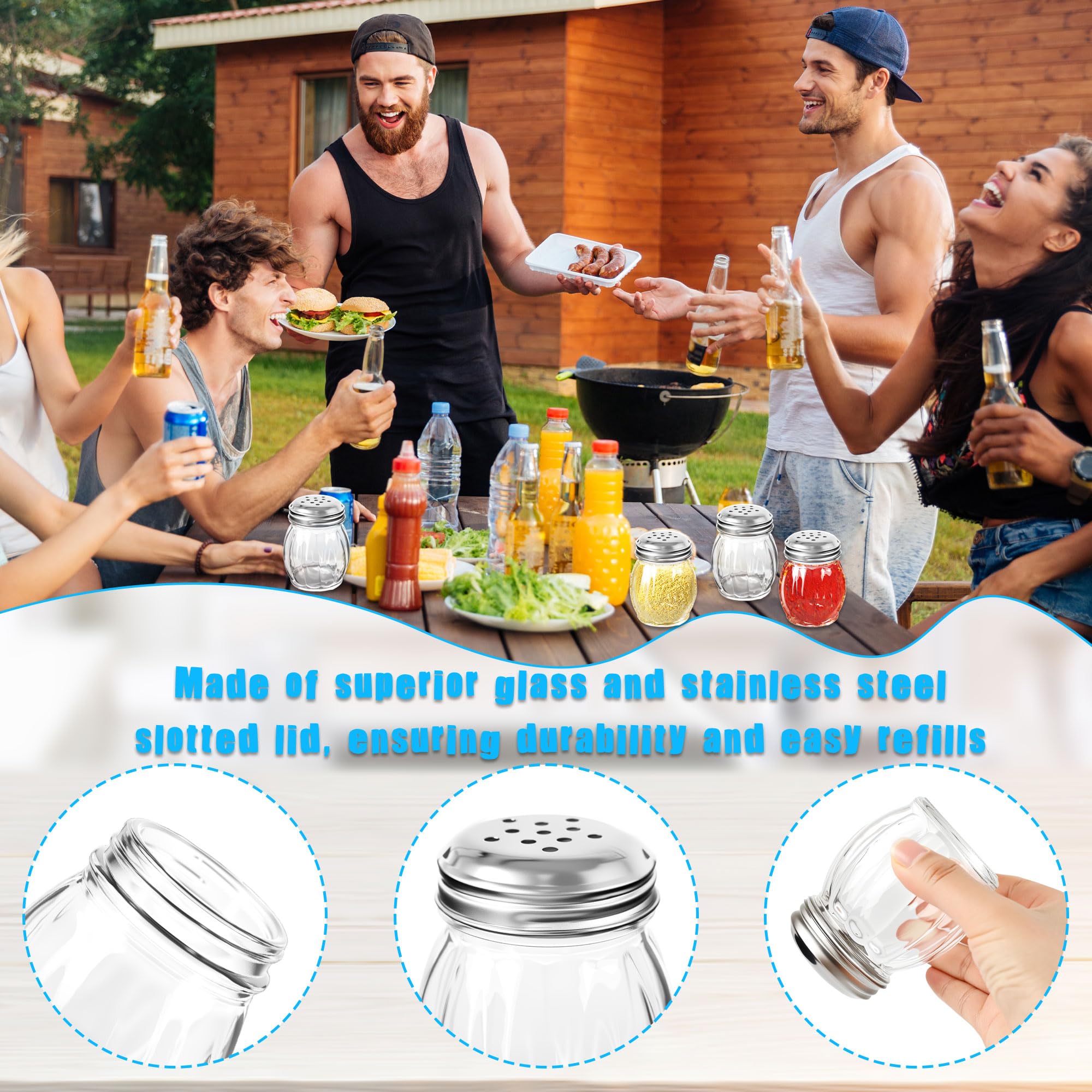 Paquete de 24 cocteleras de especias de vidrio de 6 onzas con tapa perforada de acero inoxidable transparente, salero y pimentero para el hogar, cocina, restaurante, suministros