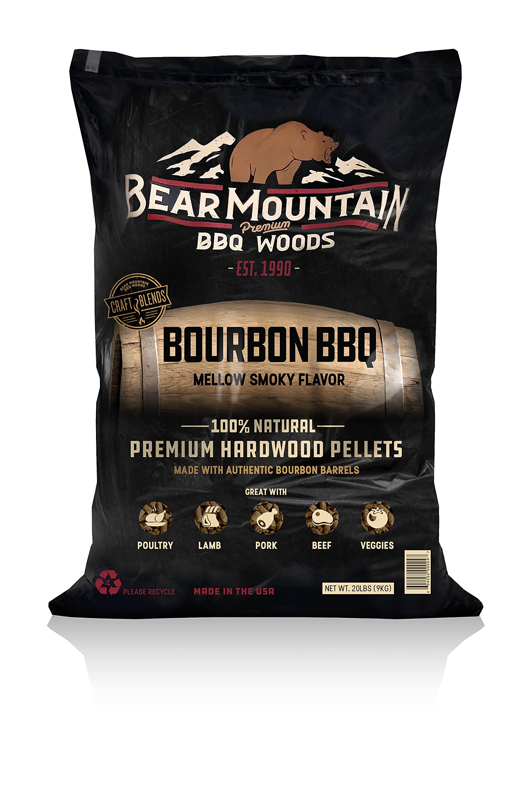Bear Mountain Premium BBQ Woods All Natural Pellets for Smoker, Grill & 20 Lbs, Bourbon