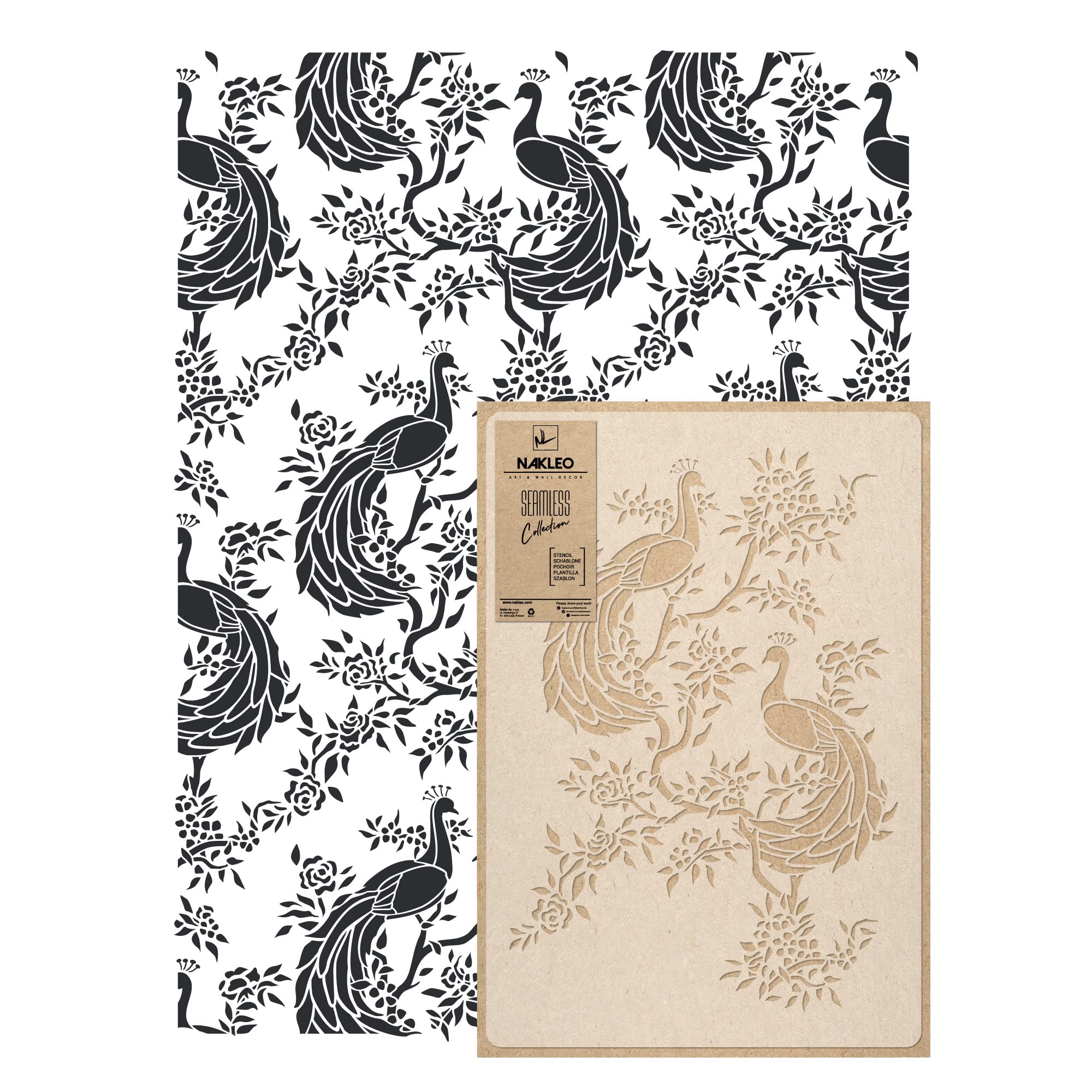 NAKLEO Wandschablone Groß Muster, Malschablone 59x95cm Pfau Chinoiserie Königlich Wiederverwendbare Kunststoff, Geometrische Tapete Wandgestaltung, DIY Craft, Holz Möbel Boden Stoff