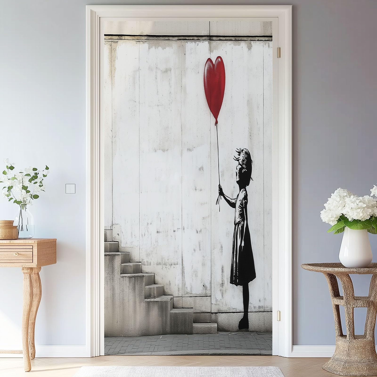 Carta Parati Porta Rimovibile PVC Autoadesivo 80 x 210 cm Adesivi Per Porte Interne Banksy Strada Graffiti Soggiorno Cucina Camerette Bagno Autoadesivo Porta Murale Decorazione, Bianco Grigio