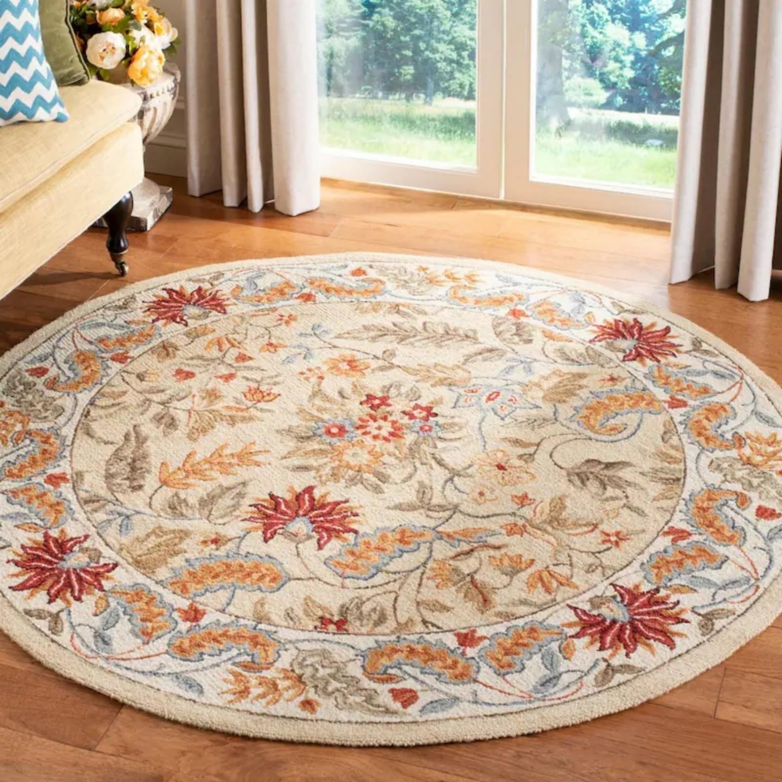 Tapis Rond Salon 200 cm Feuilles Rouges Doux moquette Durable Lavable