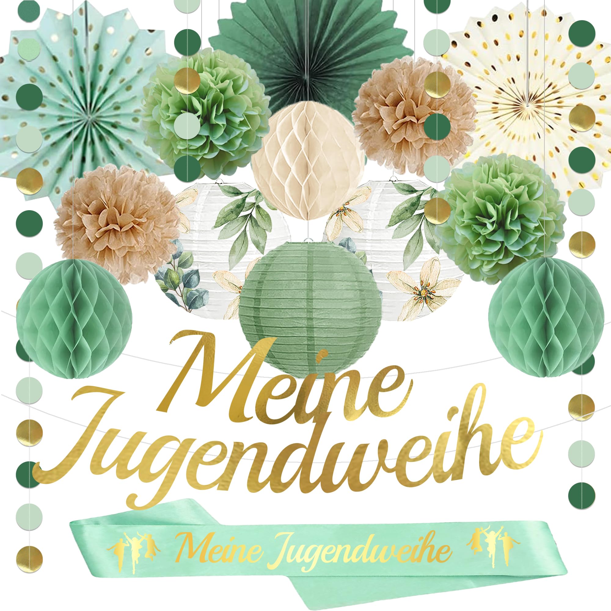 Jugendweihe Deko Junge & Mädchen Gastgeschenke Jugendweihe,Grünes Gold Thema Banner,Schultergurt,pompons, Papierlaternen,Papierwabenball,Jugendliche Schenken Personalisierte Geschenkideen-Syoulin