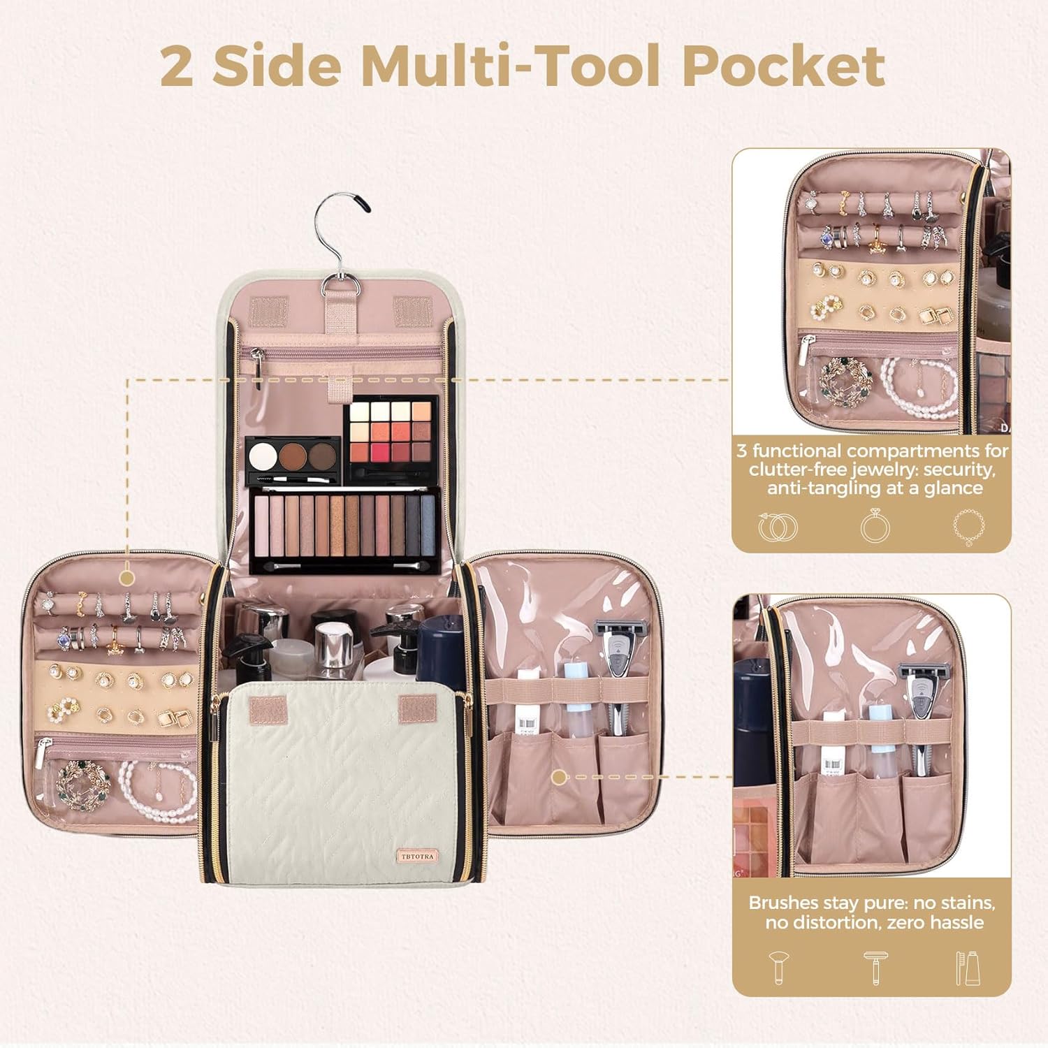 Hanging Toiletry Bag & Makeup Bag for Women with Jewelry Organizer - TSA Approved Large Capacity Travel Cosmetic Organizer, Waterproof Shower Essentials Case with Transparent Pockets, Beige - Image 6