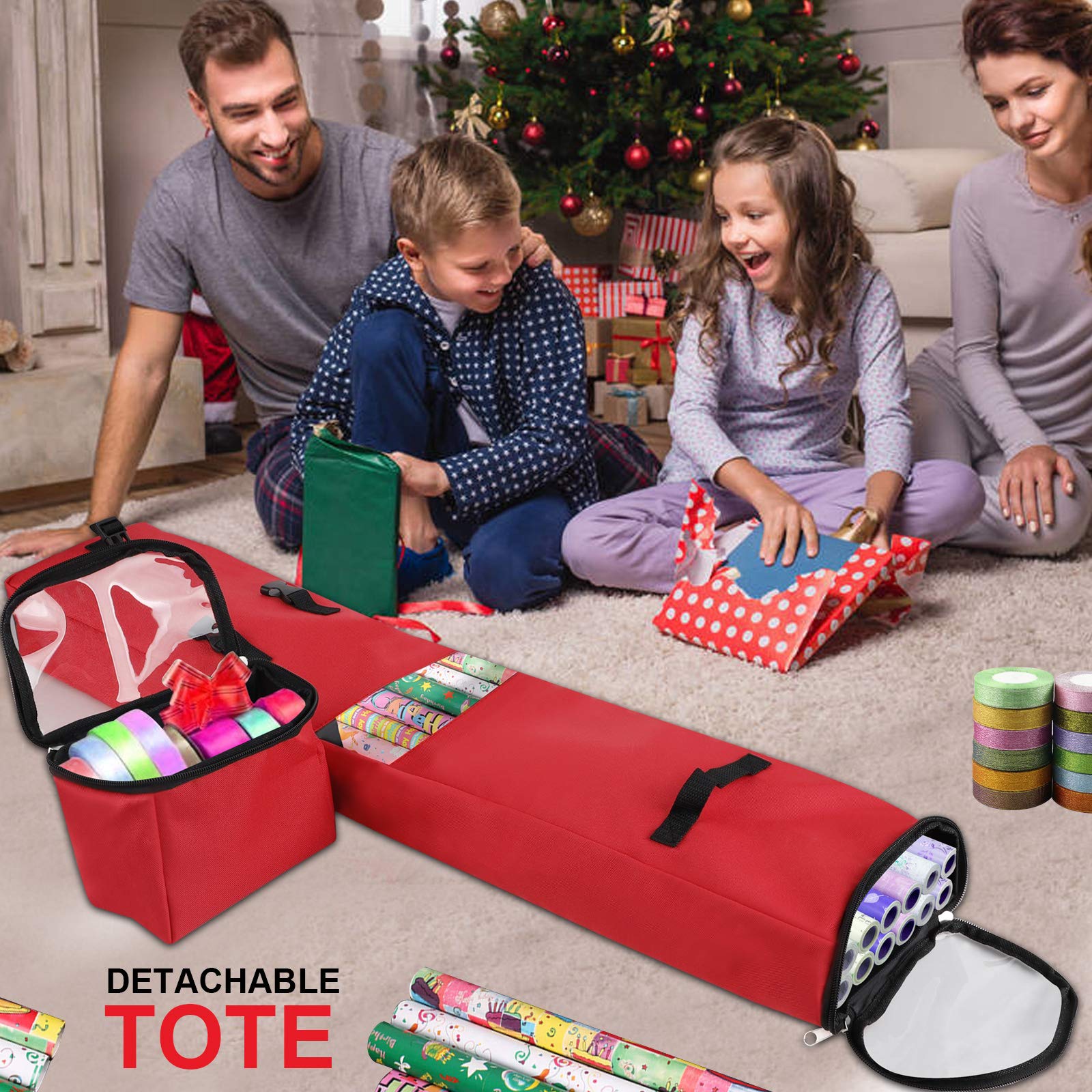 YQYAZL - Borsa lunga per carta da regalo, resistente, con borsa organizer staccabile per riporre nastri, fiocchi, etichette regalo, colore: Rosso