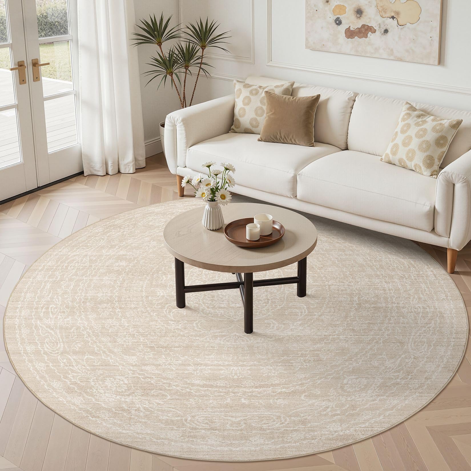 5x7 Area Rugs Living Room: Washable Large Vintage Beige Rug Neutral Non-Slip Soft Stain Resistant Indoor Carpet for Bedroom Nursery Dining Room Under Table Bed Home House Office Playroom — view 25
