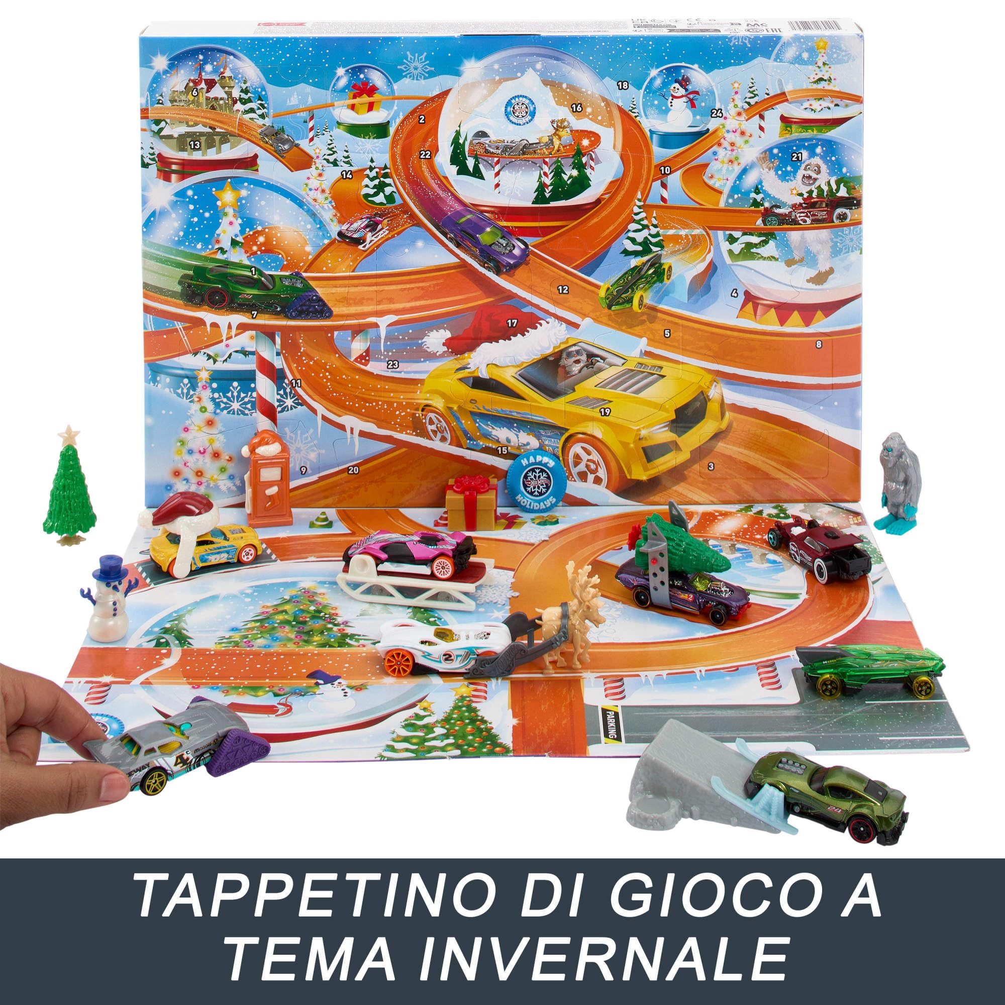 Hot Wheels - Calendario dell'Avvento 2024, 24 finestrelle numerate con sorprese e tappetino di gioco, 8 macchinine e 16 accessori a tema invernale, giocattolo per bambini, 3+ anni, HTG00