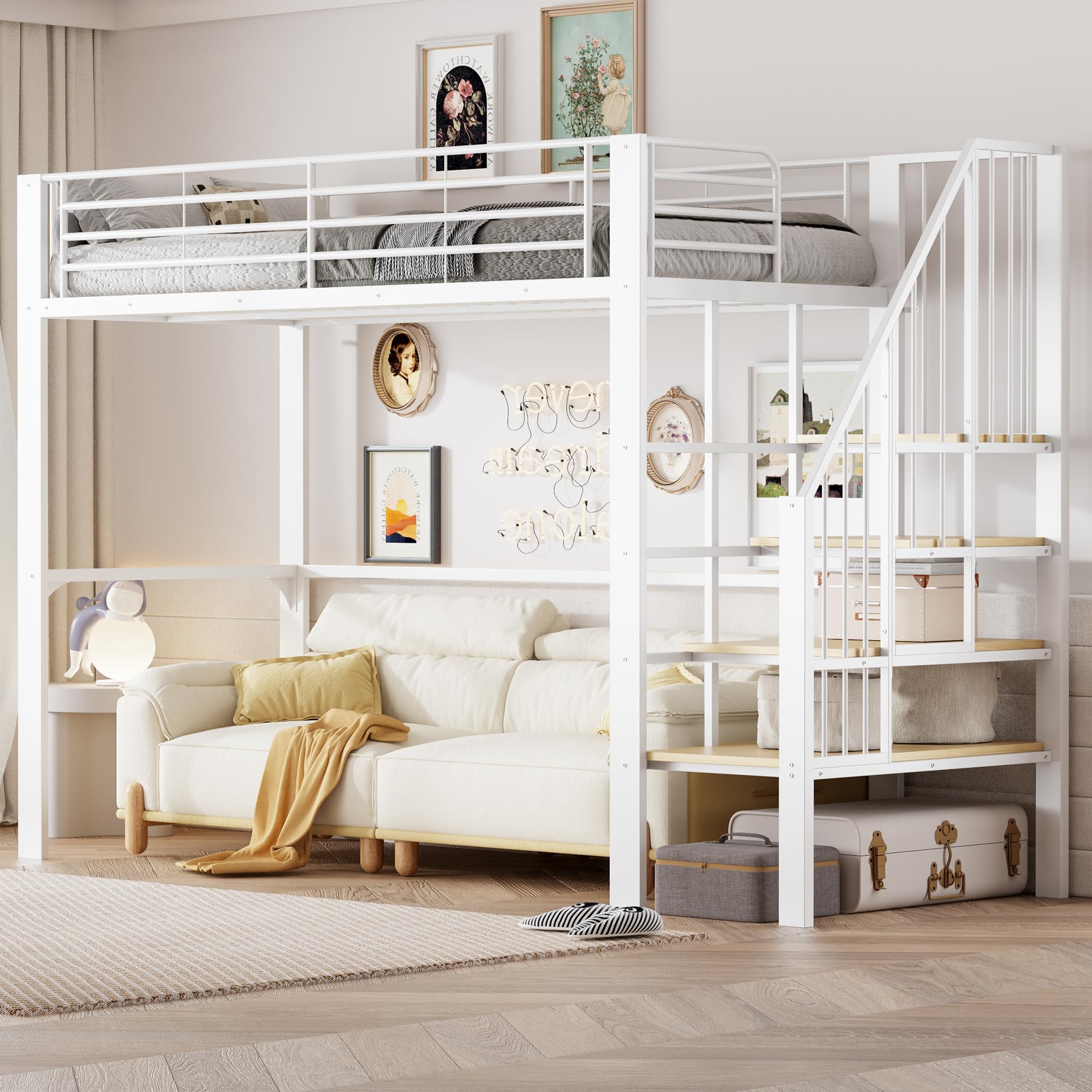 Merax Lit mezzanine 90x200 cm en métal avec échelle et espace de rangement sous le lit, lit simple peu encombrant pour enfants et adultes, lit métallique au design moderne, Blanc (sans matelas)