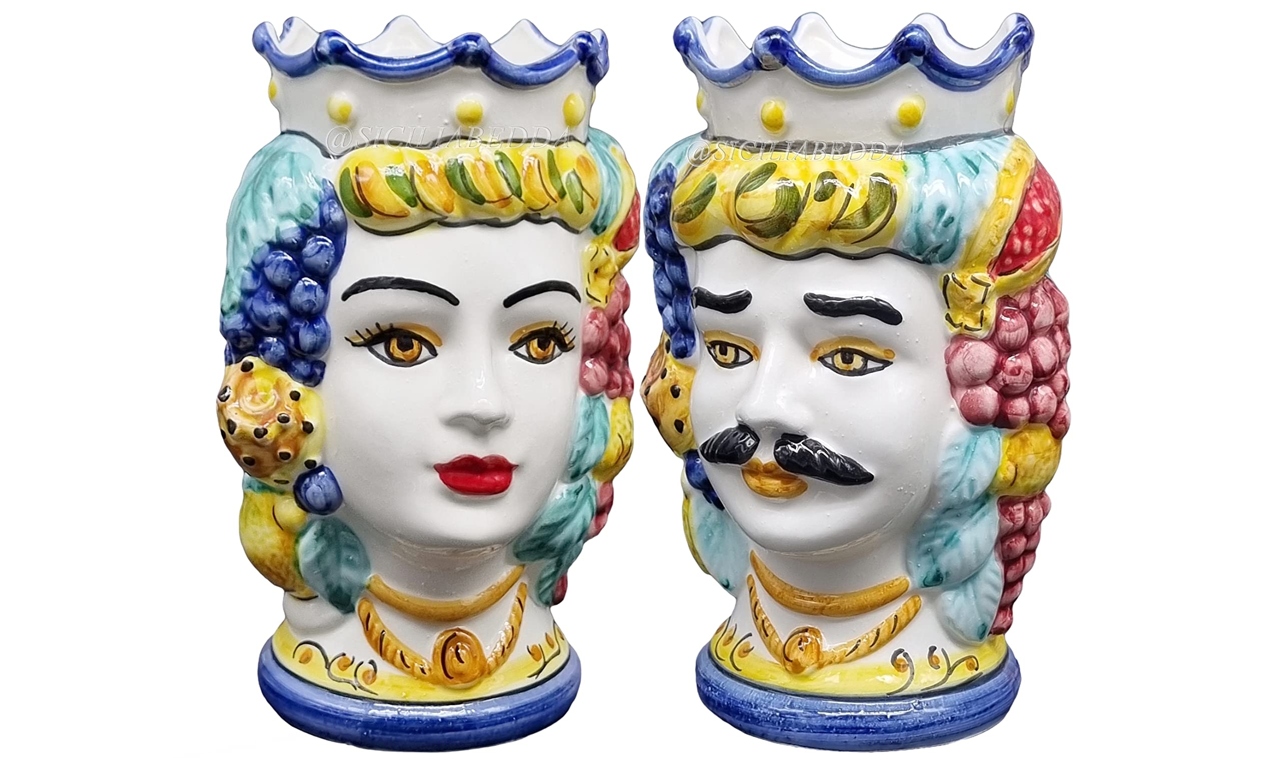 sicilia bedda - Ein Paar SICILIANE Köpfe aus Keramik aus Caltagirone - Handgefertigt - Höhe 18 cm - elegante Ergänzung zu Ihrer Einrichtung
