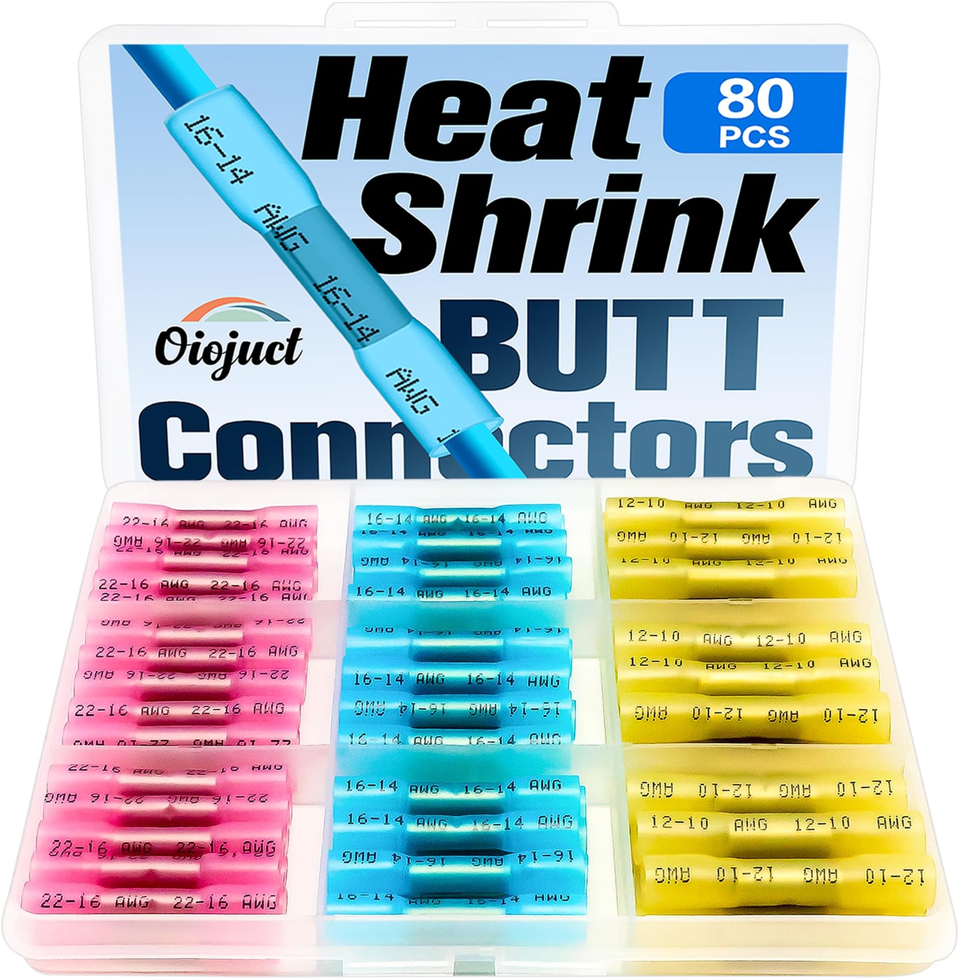 Heat Shrink Butt Connectors - Oiojuct Waterproof Wire Crimps for Marine and Automotive Wiring (80Pcs)