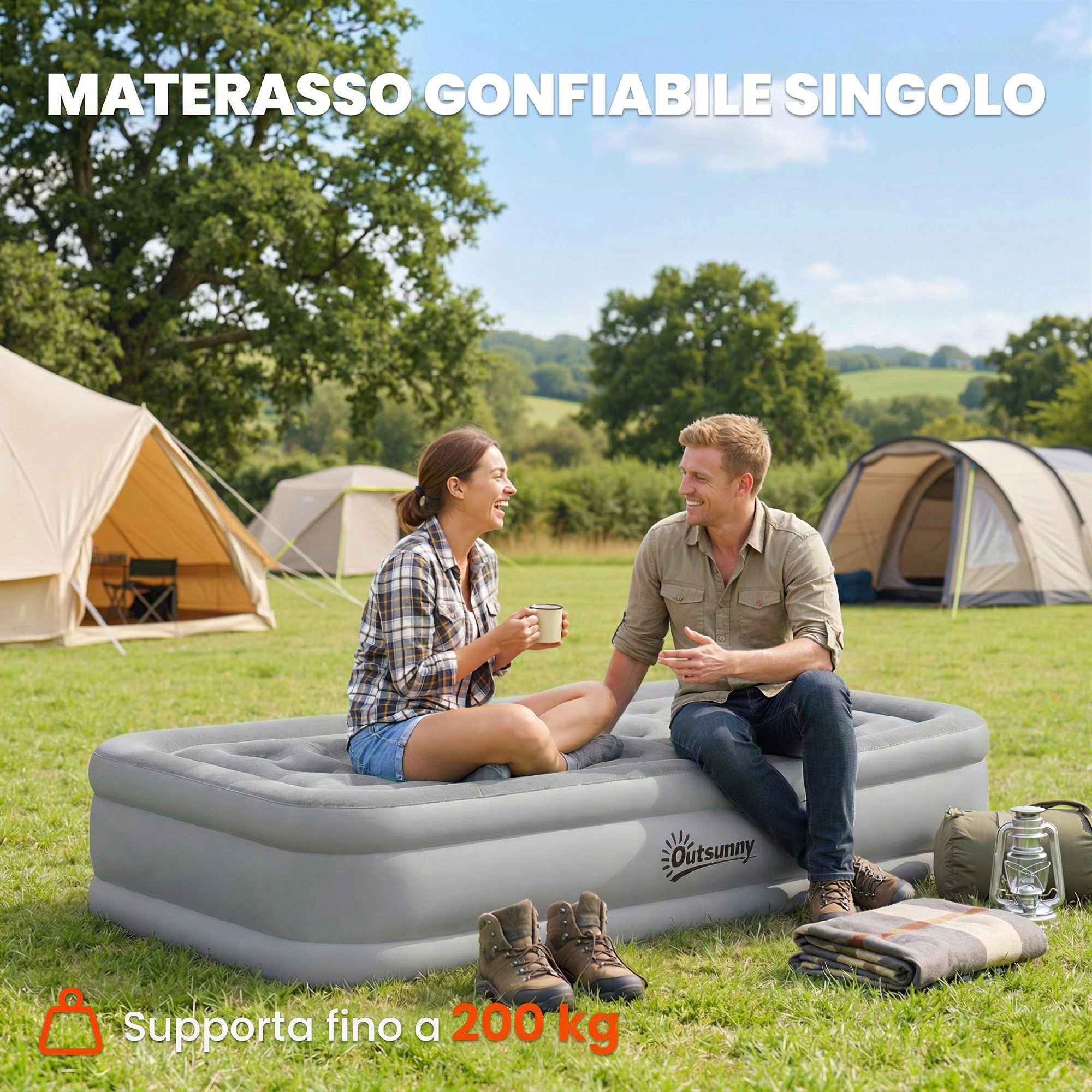 Outsunny Materassino Autogonfiante Singolo, Materassino da Campeggio, Superficie Floccata, Impermeabile, con Pompa di Gonfiaggio e Borsa di Trasporto, 190x97x39 cm, Grigio
