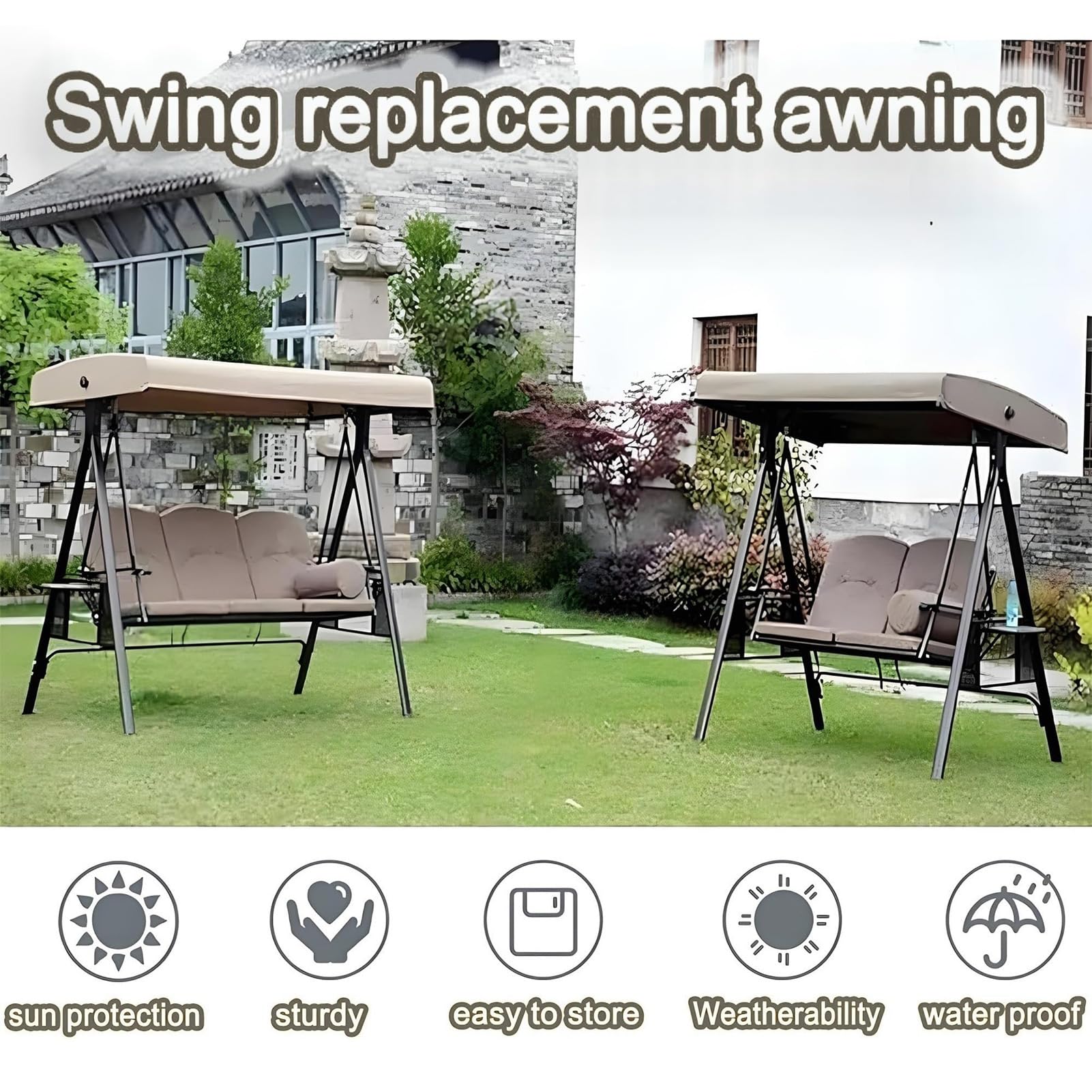 Toit Toile de Rechange pour Balancelle de Jardin 2/3 Places,Imperméable Protection UV Housse de Rechange Toit de Balançoire pour Extérieur Terrasse Balcon,3 Seater:192x124cm/75.6x48.8in