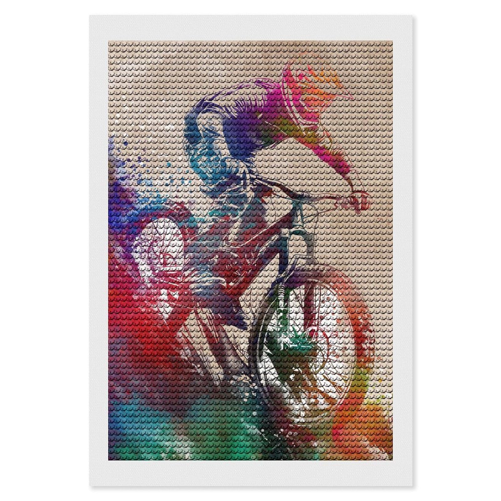 Junmoney Mountain Biker Watercolor Diamond Painting Set 8"x12", Holiday Gift Idea, for Creative Relaxation, Fun Craft Experience, Vintage Style Decor