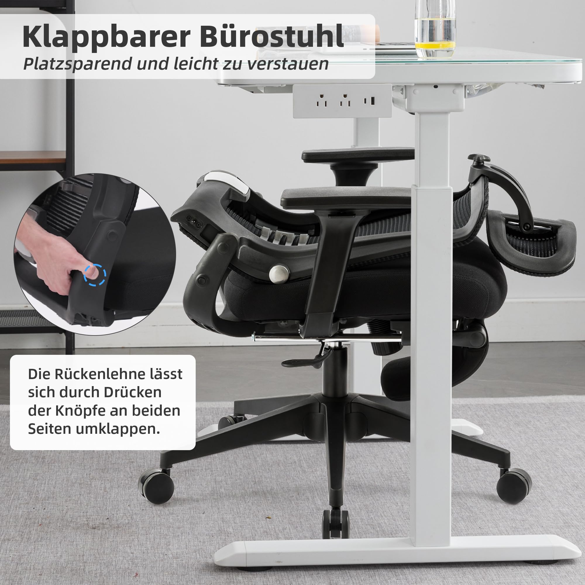 Klappbar Bürostuhl mit Fußstütze, Ergonomisch Schreibtischstuhl mit Lendenwirbelstütze, Kopfstütze, Chefsessel Mesh Stuhl 150 kg für platzsparendes Arbeiten von zu Hause aus, Schwarz