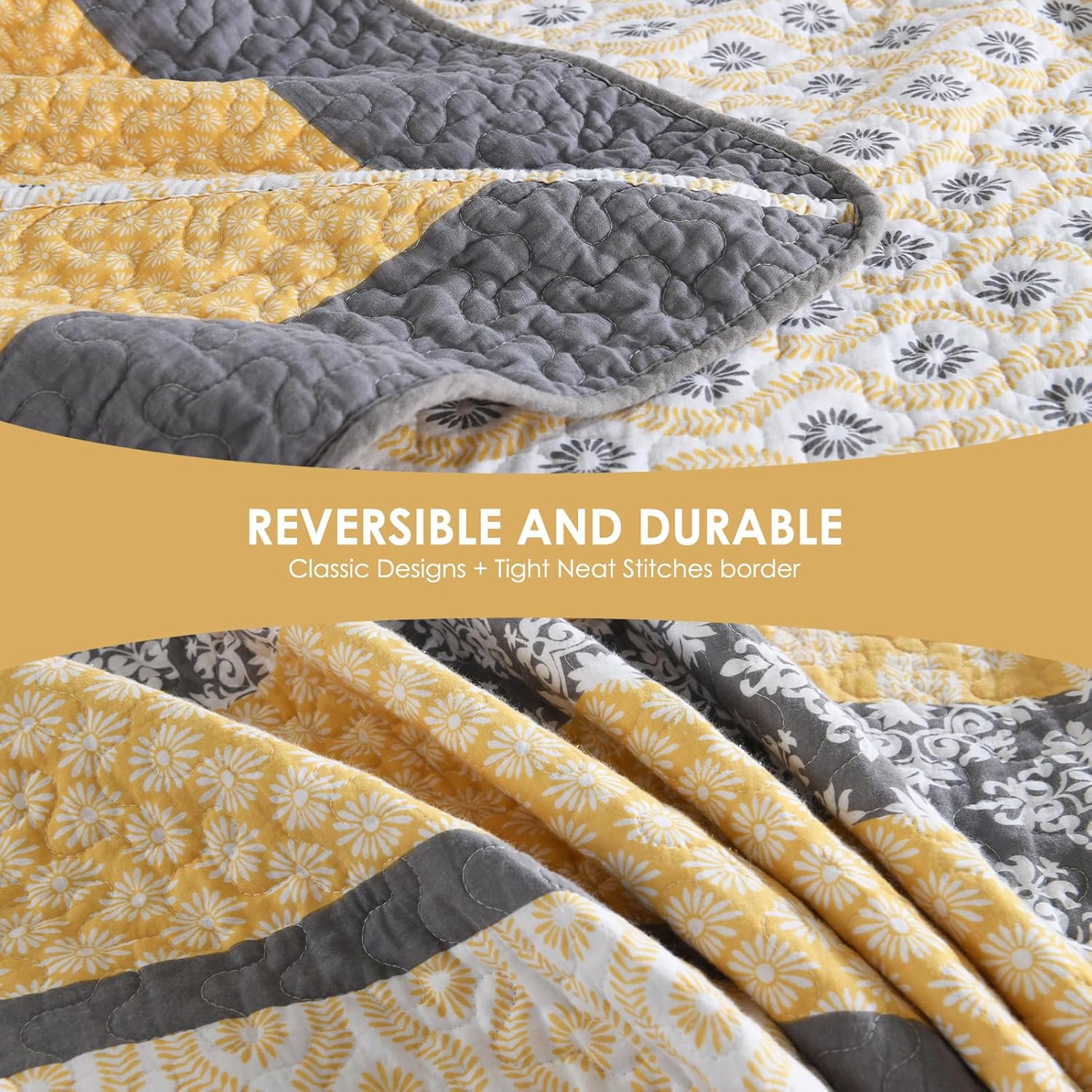 Oversized King Bedspread - 120" Lx120 W Extra Wide - 100% Cotton Lightweight Stripe Coverlet Set - Farmhouse Reversible California King Quilt - 3 Piece - Yellow/White/Gray