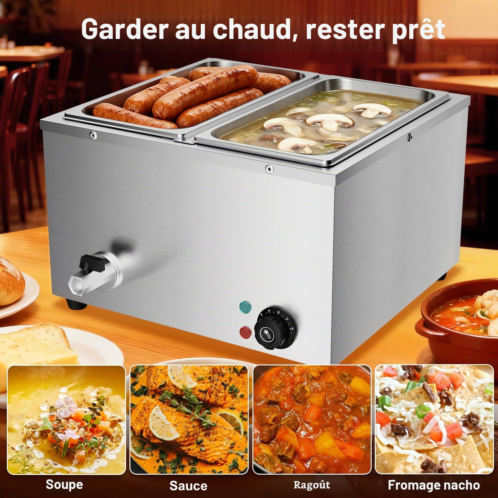 TAIMIKO Bain Marie Électrique Professionnel 2 Bacs en Acier Inoxydable 220V Chauffe-Plats Professionnel Chocolat Fondoir Commercial avec 2 x 1/3 casseroles