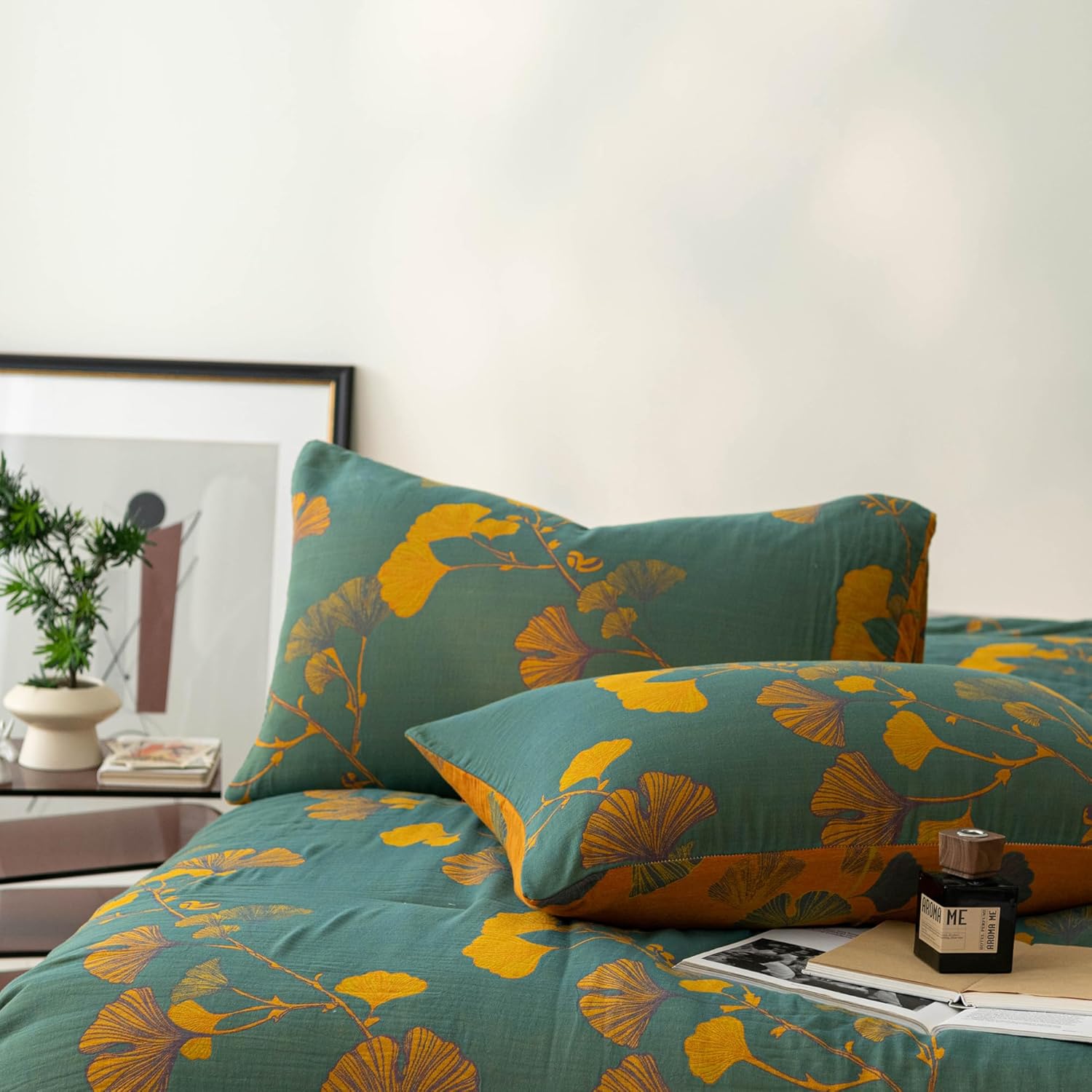 100% Cotton Muslin Jacquard Comforter Set, Floral Ginkgo Leaves Print, Soft Lightweight Reversible 3 Piece Bedding Sets for All Season, Green Yellow, Full/Queen(90"x90") - Image 6