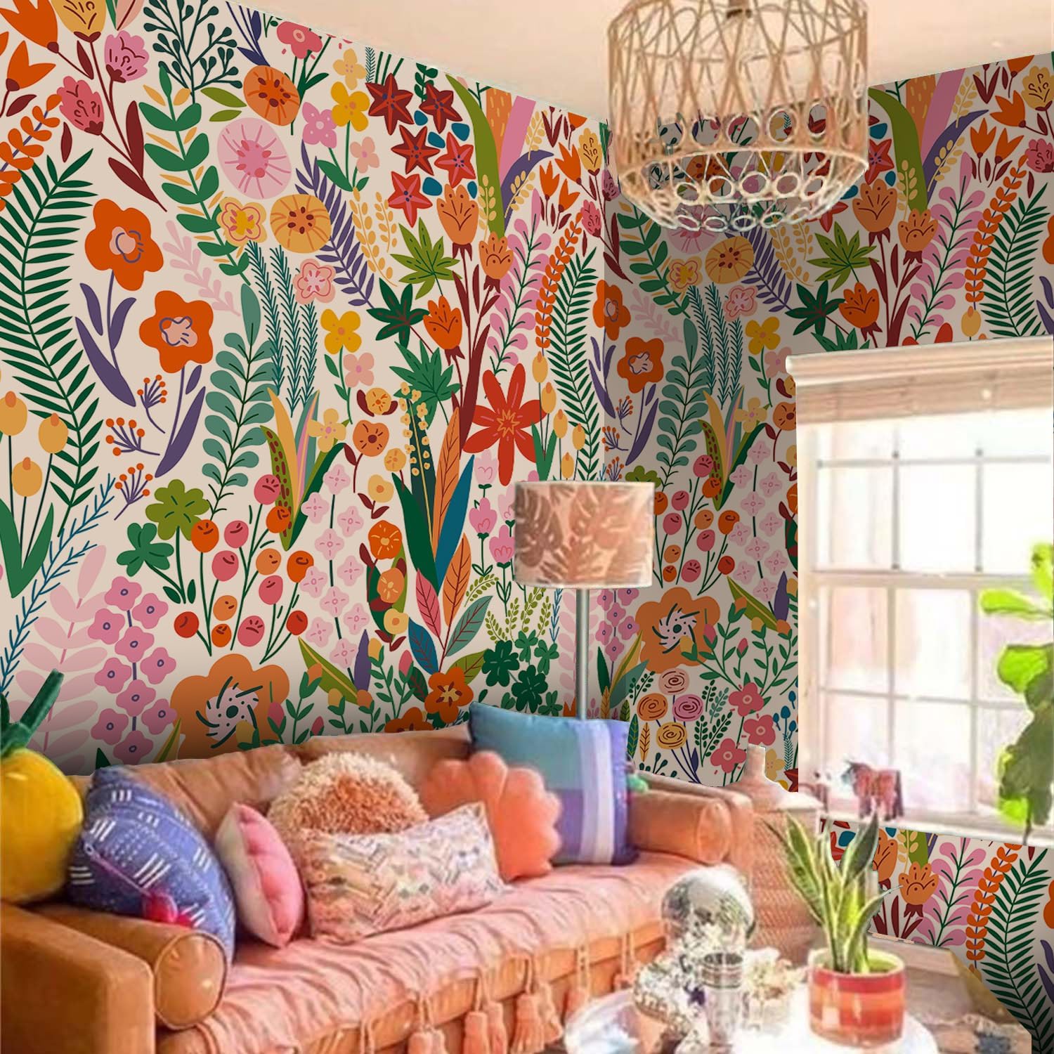 Floral Peel and Stick Wall Mural, Leather Textured Vintage Self-Adhesive Wallpaper for Bedroom Living Room Accent Wall Art Decor, Colorful Floral, Bright