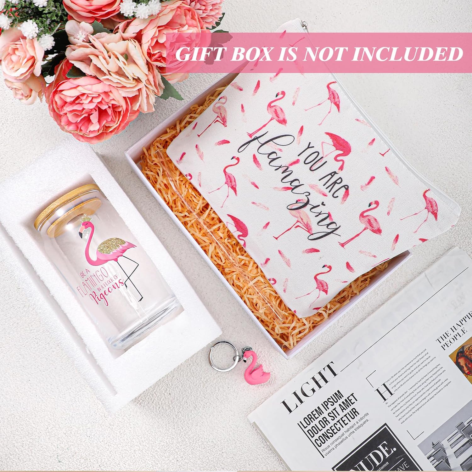 Hushee 3 Pcs Flamingo Theme for Women You Are Flamingo Makeup Bag and Glass Cup with Lid Straw Keychain for Women Day Friend Staff Coworker - Image 4