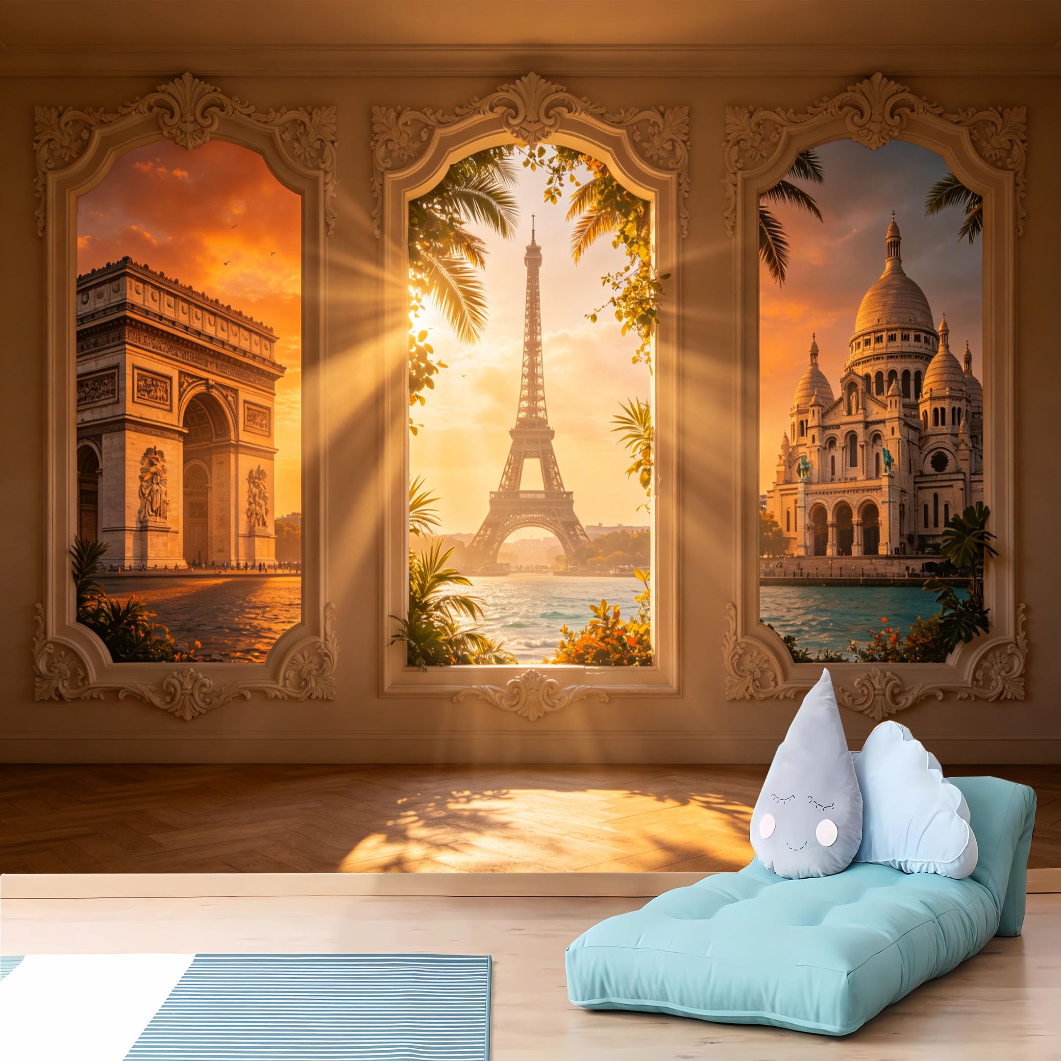 Custom Size Wall Murals 3D Ornate Frame with Paris Landmarks at Sunset Vivid Self-Adhesive Wall Fabric (NO PVC) Removable Wallpaper for Bedroom