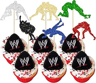 Gyufise 24Pcs Wrestling Cupcake Topper Wrestling Party Decorations Glitter Wrestler Cupcake Picks for Boy Man Wrestling Sports Theme Baby Shower Birthday Party Supplies Multi