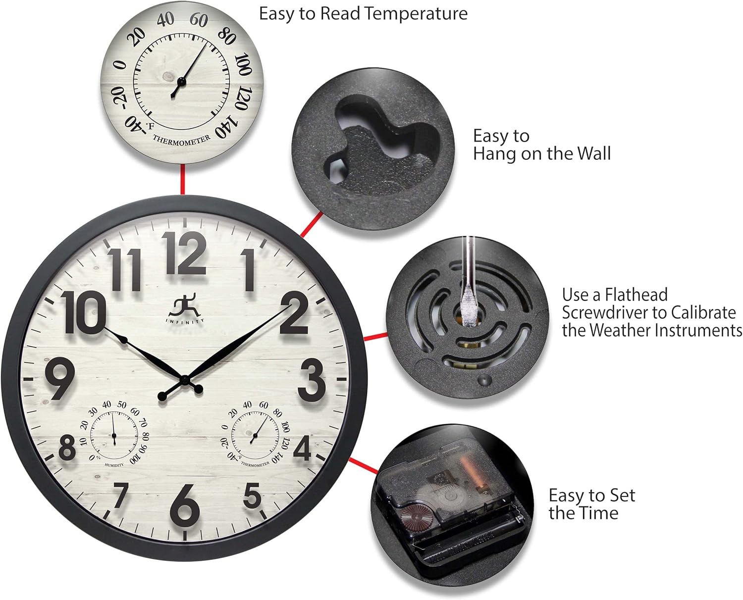 Concordia 17.5-Inch Indoor/Outdoor Waterproof Wall Clock with Built-in Hygrometer & Thermometer. Light Wood Clock Face with Black Frame, Silent Battery Operated, Round Clock Wall Decor for Patio/Home