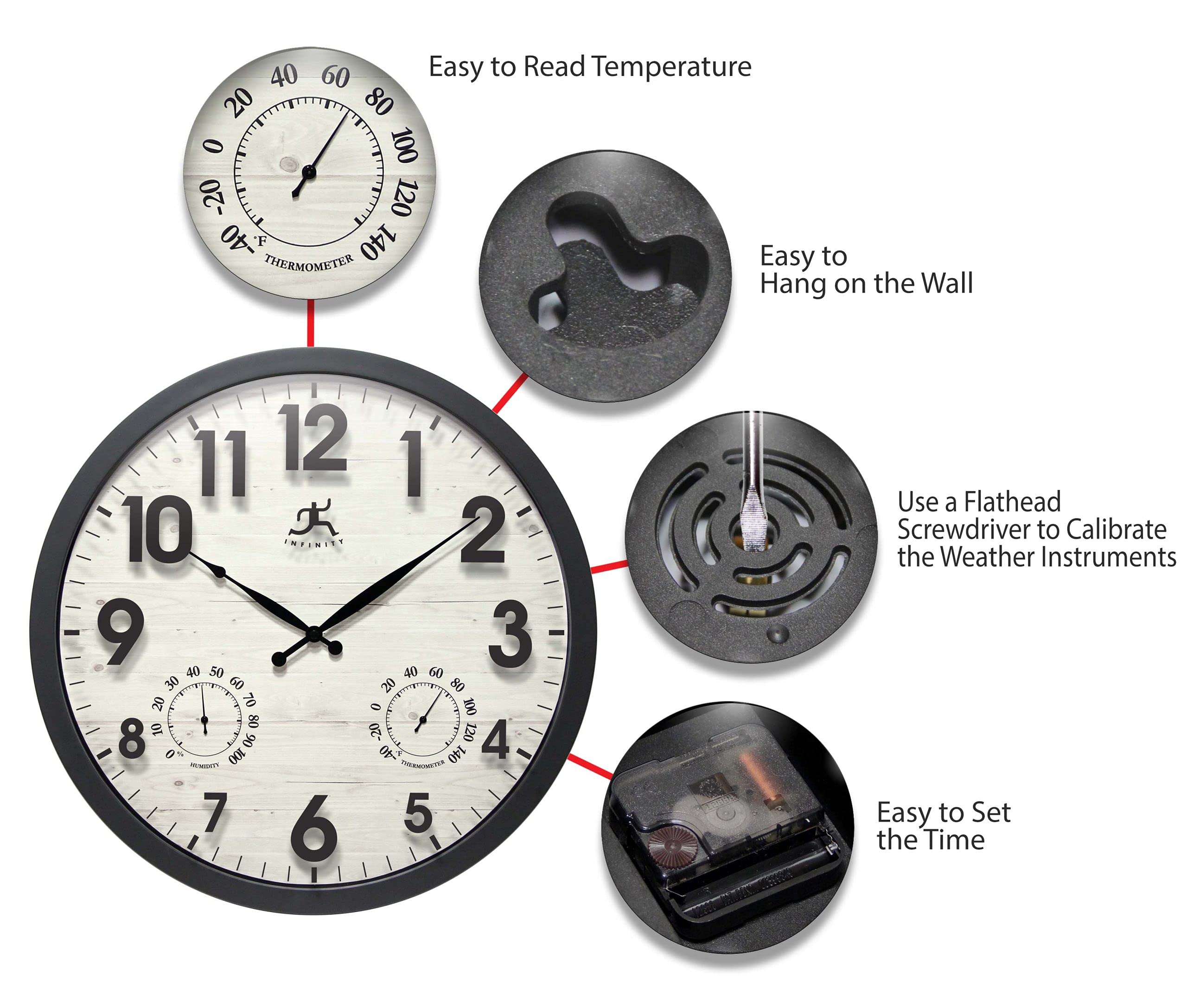 Concordia - Orologio da parete impermeabile per interni ed esterni, con igrometro e termometro integrati, quadrante in legno chiaro con cornice nera, funzionamento silenzioso a batteria, orologio