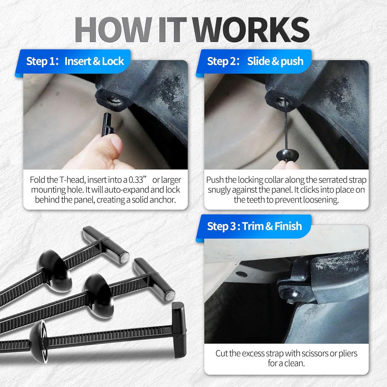 Upgrade Double-Sided Nylon Universal Cable Tie Buckle for Car, 120pcs Fold-Head Design for Easy Piercing, Zip Tie Clips for Mudguard Fender Bumper Fastener, Automotive Screw Replacement & Daily Repai