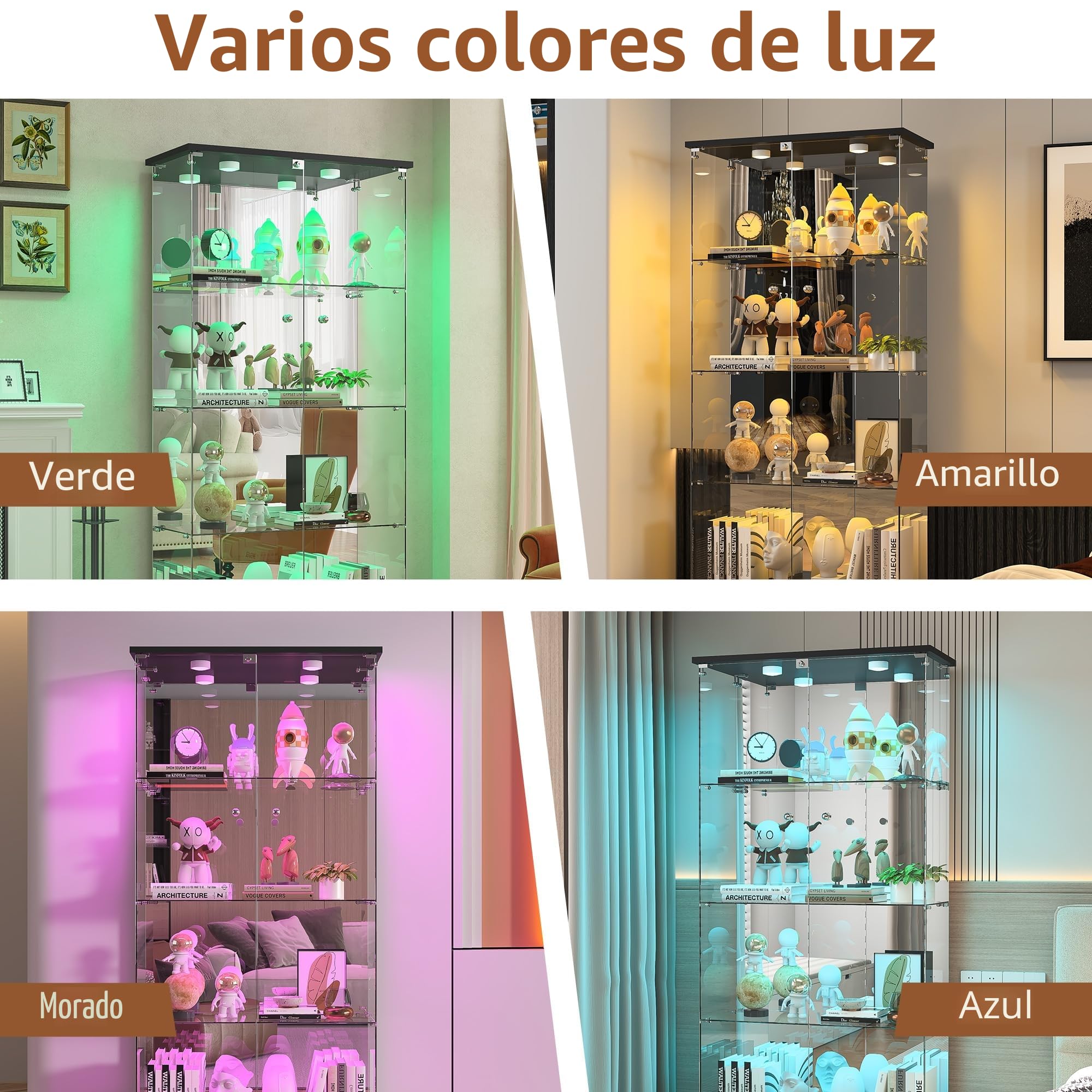 Vetrina a 4 ripiani in vetro con serratura a luce LED e retro a specchio 2 ante vetrina da pavimento per libri da collezione e decorazioni per la casa