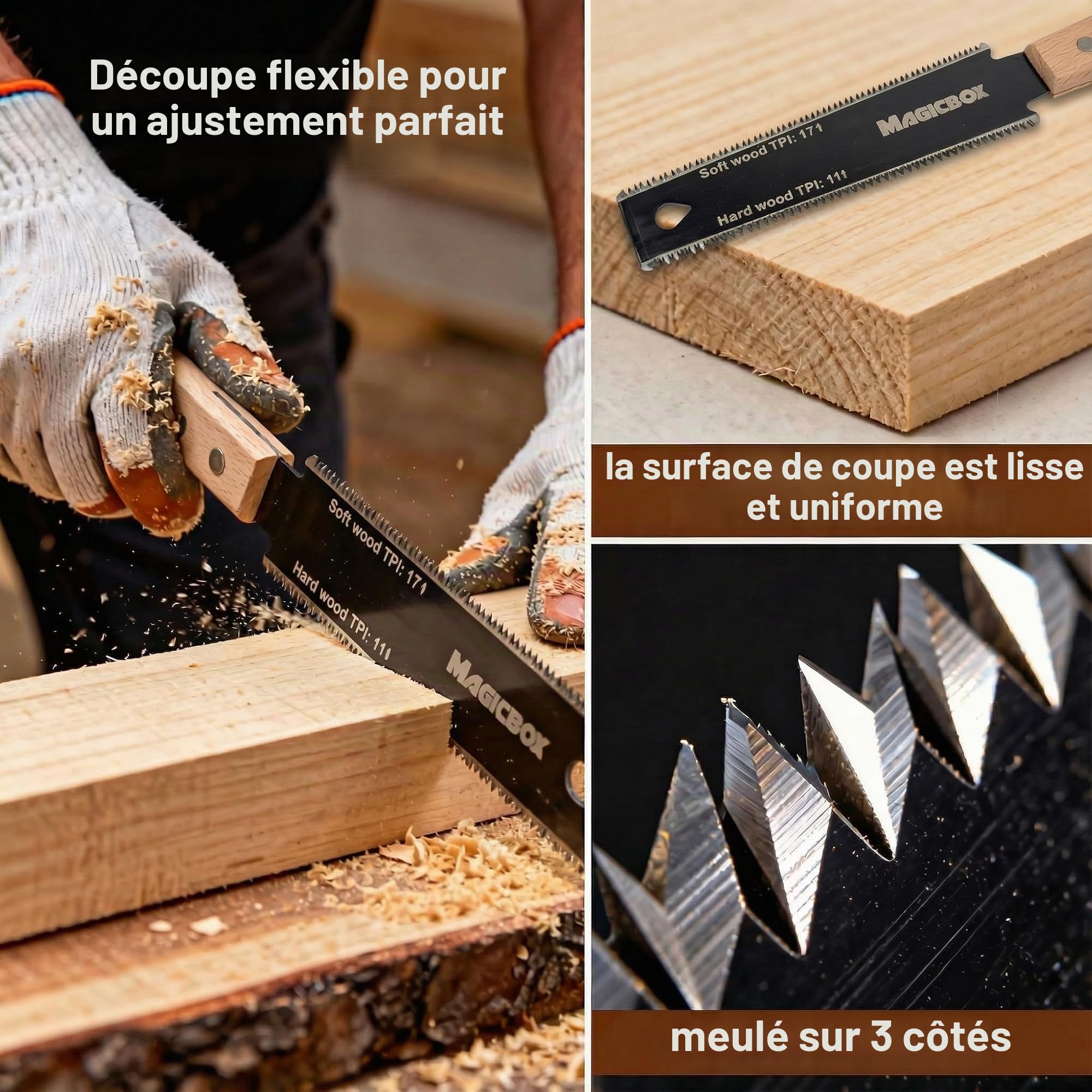 Magicbox Lot de 4 scies à main japonaises pour le travail du bois avec dents fines et poignée en bois, scies à double tranchant et à affleurer pour la coupe du bois de précision, les projets de