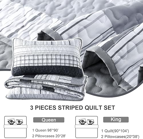 Miniatura 6 de DJY Juego de edredón gris tamaño King, juego de edredón bohemio a rayas grises, juego de edredón de microfibra suave a rayas, juego de ropa de cama