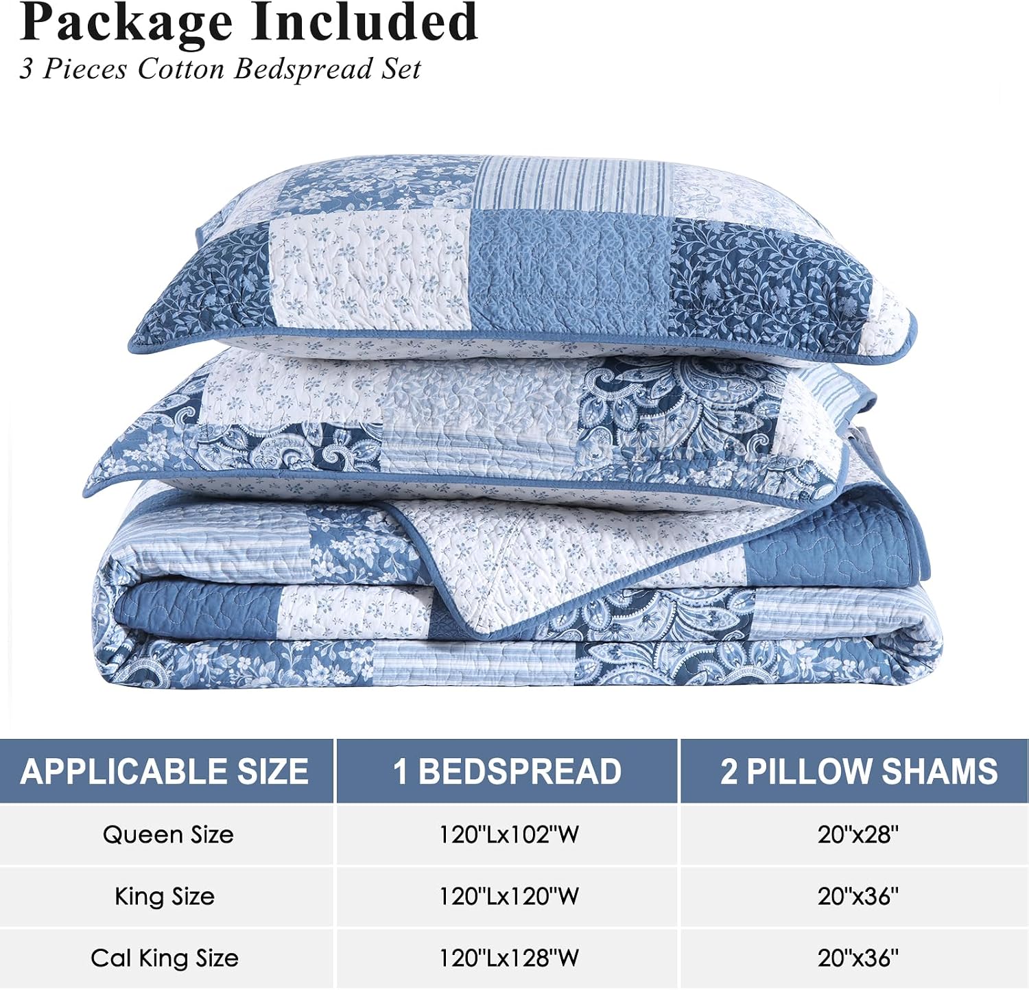 Oversized King Bedspreads 128x120 Extra Wide - Farmhouse Plaid Paisley Floral Reversible California King Quilt Set, 3-Piece Lightweight Thin Comforter Coverlet Set, Cal King, Blue/White