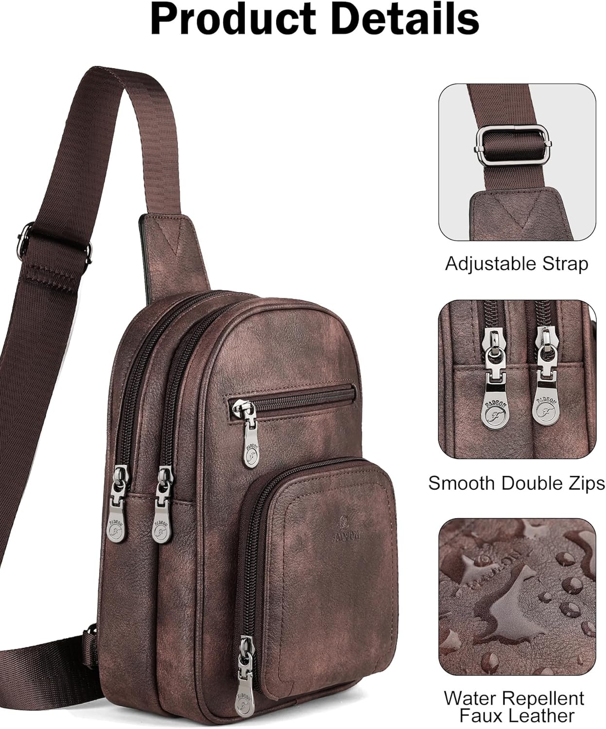 FADEON Sling Bags for Women Crossbody Bags, Designer PU Leather Sling Purse Multi-Pocket Packs with Card Slot Coffee Brown - Image 3