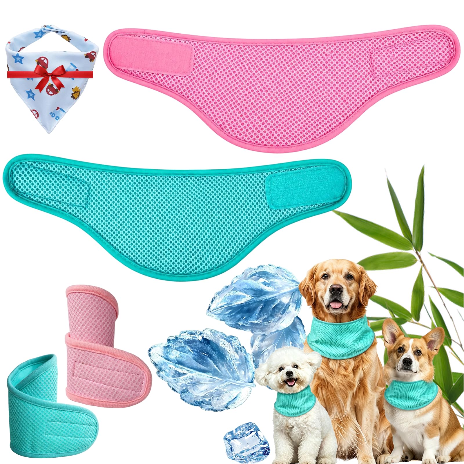 Dog Cooling Bandana, Breathable Mesh Summer Dog Cooling Collar For Medium Dogs Puppies, Instant Chill Self-Cooling Adjustable Pet Scarf Collar For Summer Outdoor Walks (Pink+Green, S:19-30CM)