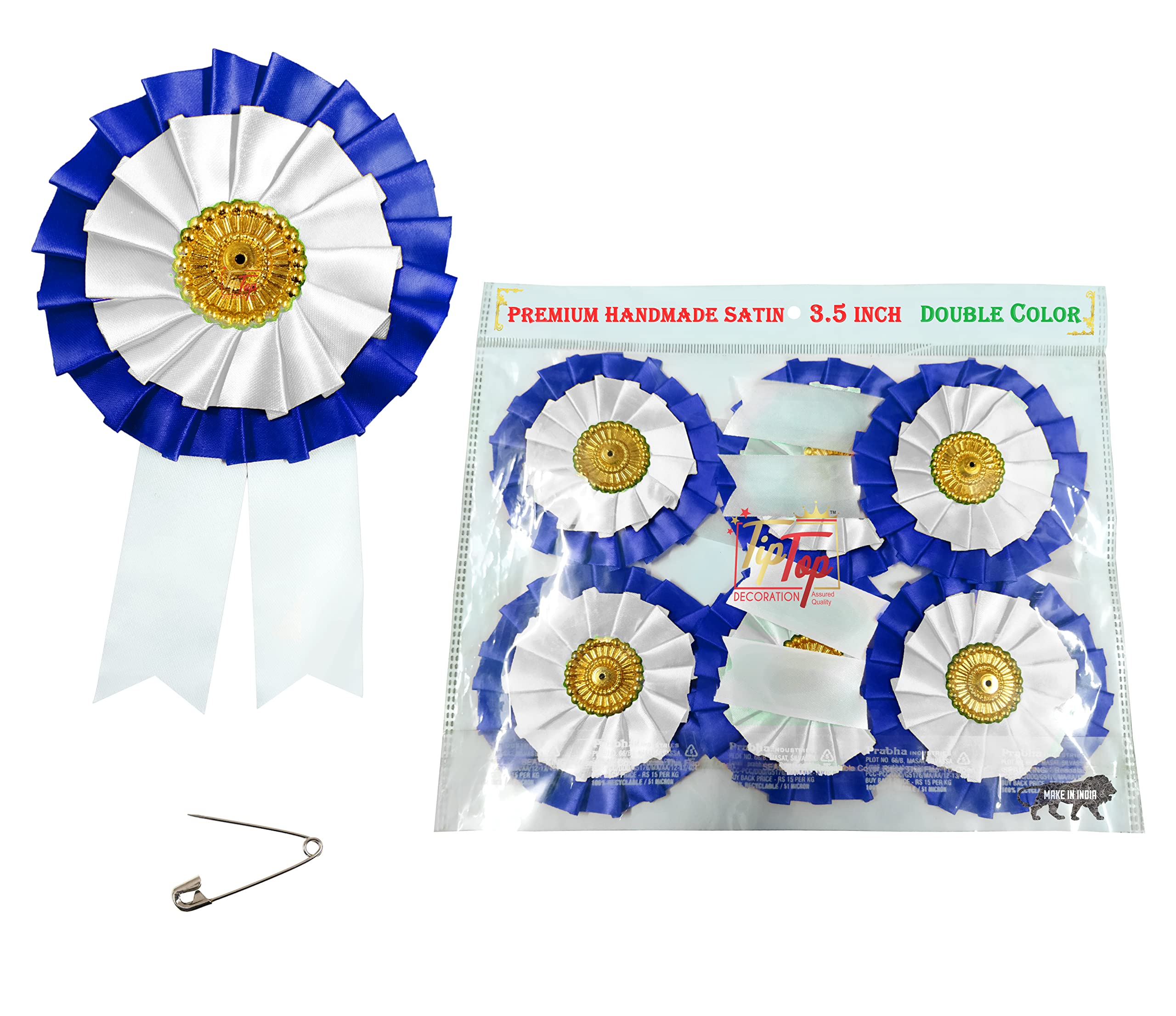 TIPTOP DECORATION Finest Handmade Satin Ribbon Badges Multipurpose for All Occasions (Pack of 12, Med Blue White)