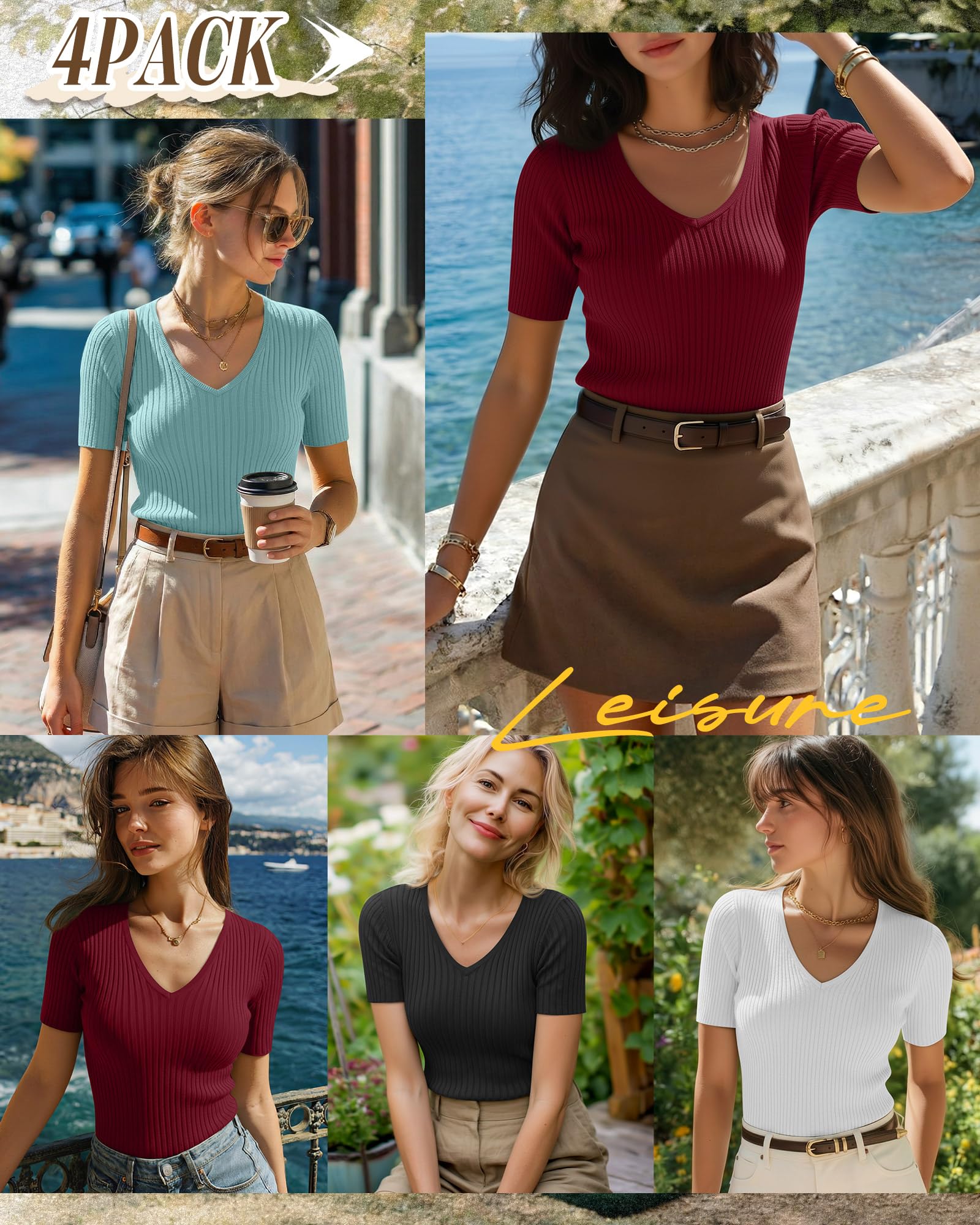 Neer Lot de 4 t-shirts à col en V en coton côtelé à manches courtes et coupe ajustée pour femme