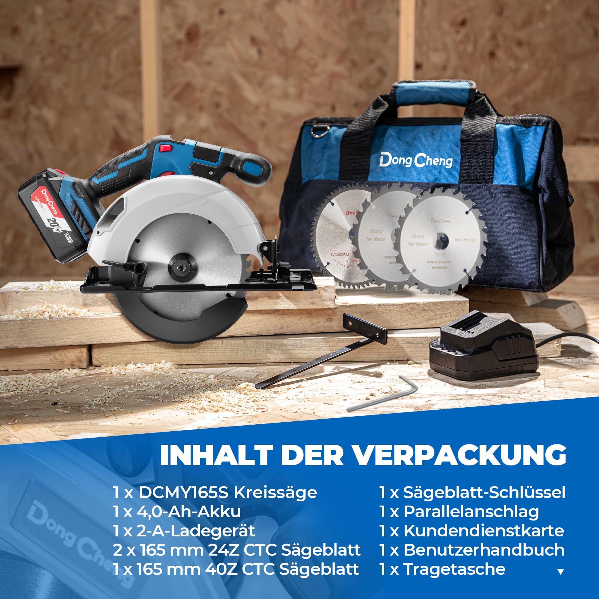 Dong Cheng 20V Akku Handkreissäge Ø165mm, 5000RPM, Schnitttiefe 59 mm, 0-50° (inkl. Ø165 x Ø20 mm Sägeblatt, Akku/Ladegerät, BOXX) DCMY165S