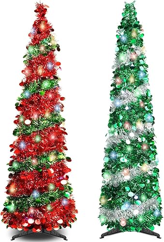 Paquete de 2 árboles de Navidad plegables de oropel de 5 pies con 90 luces LED, árbol de Navidad artificial para hogar, oficina, fiesta, chimenea