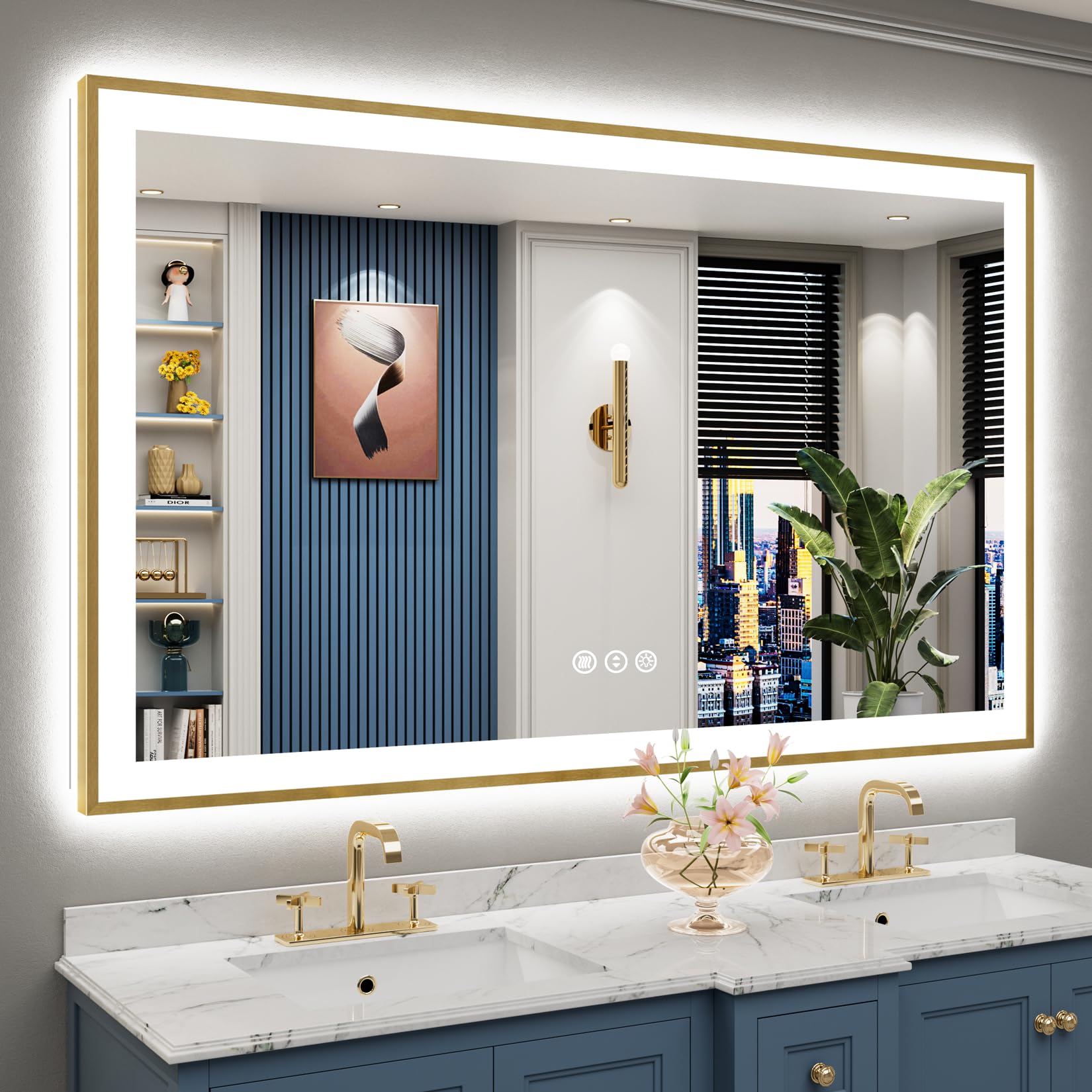 60x38 Gold LED Bathroom Mirror with Lights, Lighted Vanity Mirror