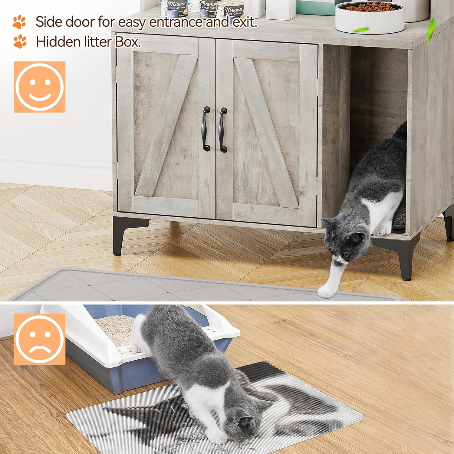 GarveeLife Cat Litter Box Enclosure with Shelves, Litter Box Cabinet, Hidden Cat Box Furniture with Scratching Mat, Wood Sturdy Cat Washroom Storage, Indoor Cat House,Grey