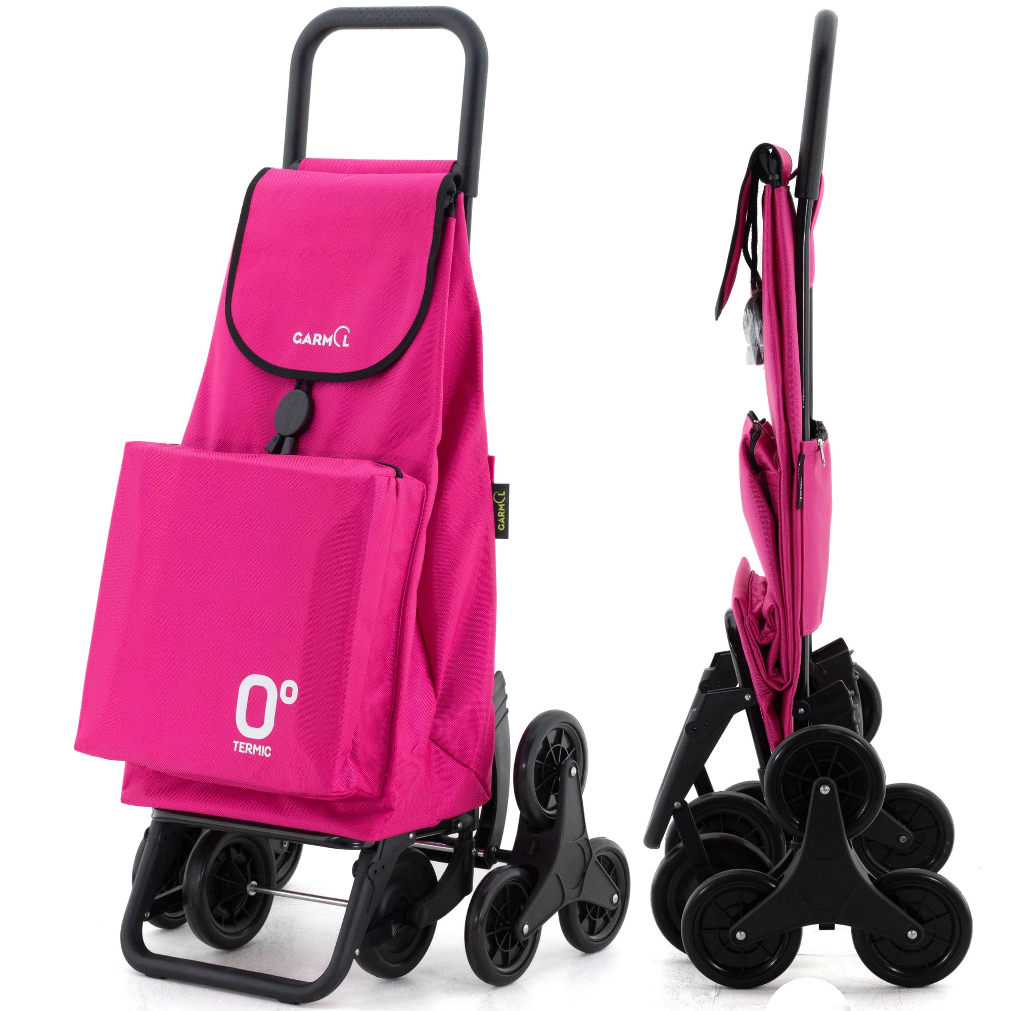 GARMOL Carro de la Compra Térmico Plegable 55L con Bolsillo Interior 11L | 4 Ruedas (2 Fijas + 2 Giratorias) | Color Fucsia