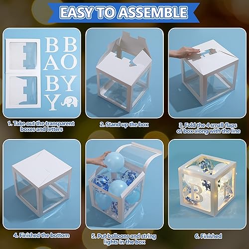 Miniatura 5 de Decoraciones de caja de globos para baby shower, 4 bloques de bebé transparentes con letras "Baby Girl", paquete de 4 luces LED de hadas y 40 globos