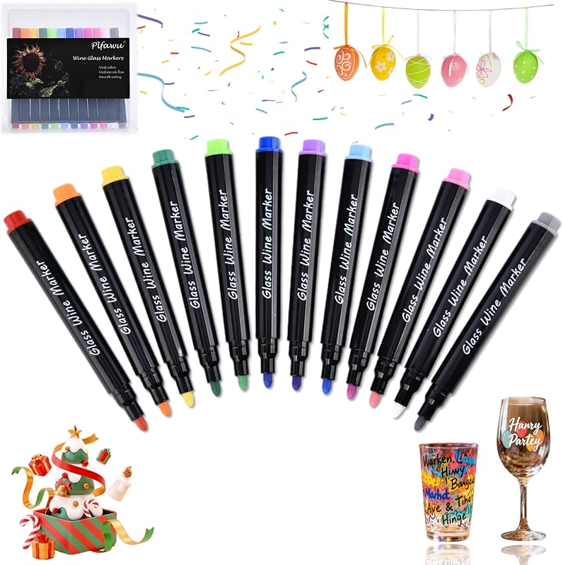 12 Colors Acrylic Wine Glass Markers - Fine Tip, Dishwasher-Safe & Food-Safe Non-Toxic Paint Pens for Party, Wedding & Ceramic Crafts